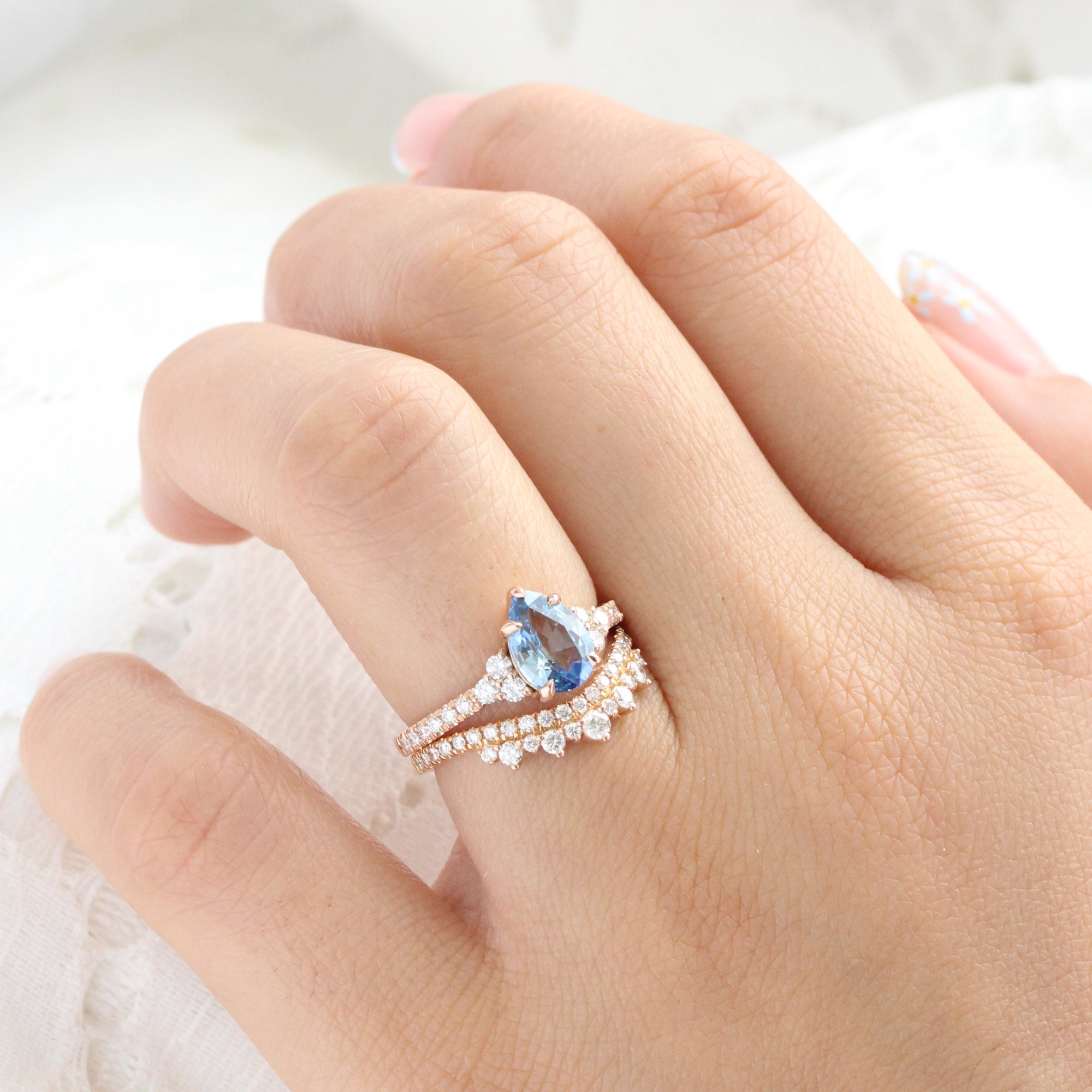 Pear teal blue sapphire ring rose gold 3 stone diamond ring la more design jewelry