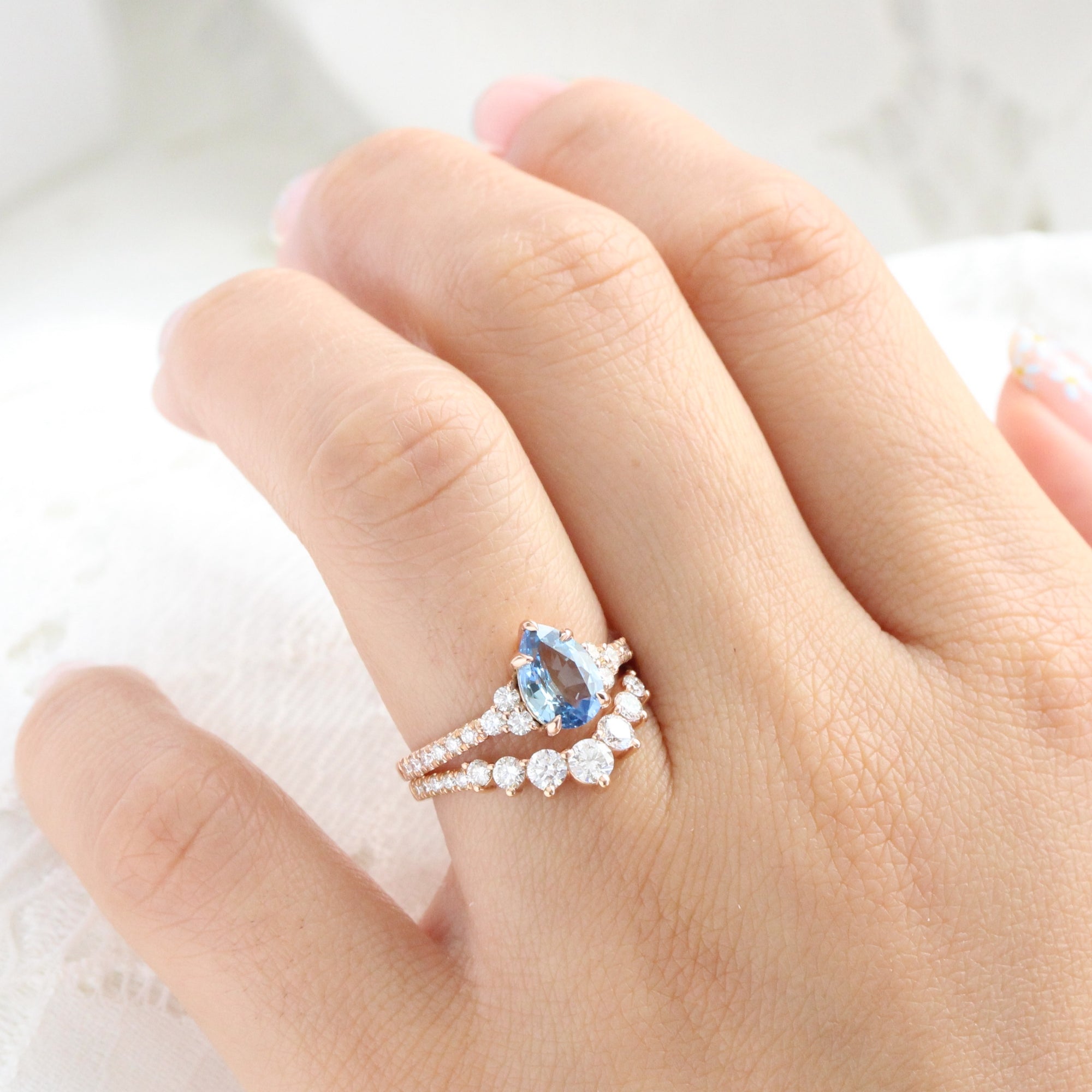 Pear teal blue sapphire ring rose gold 3 stone diamond ring la more design jewelry