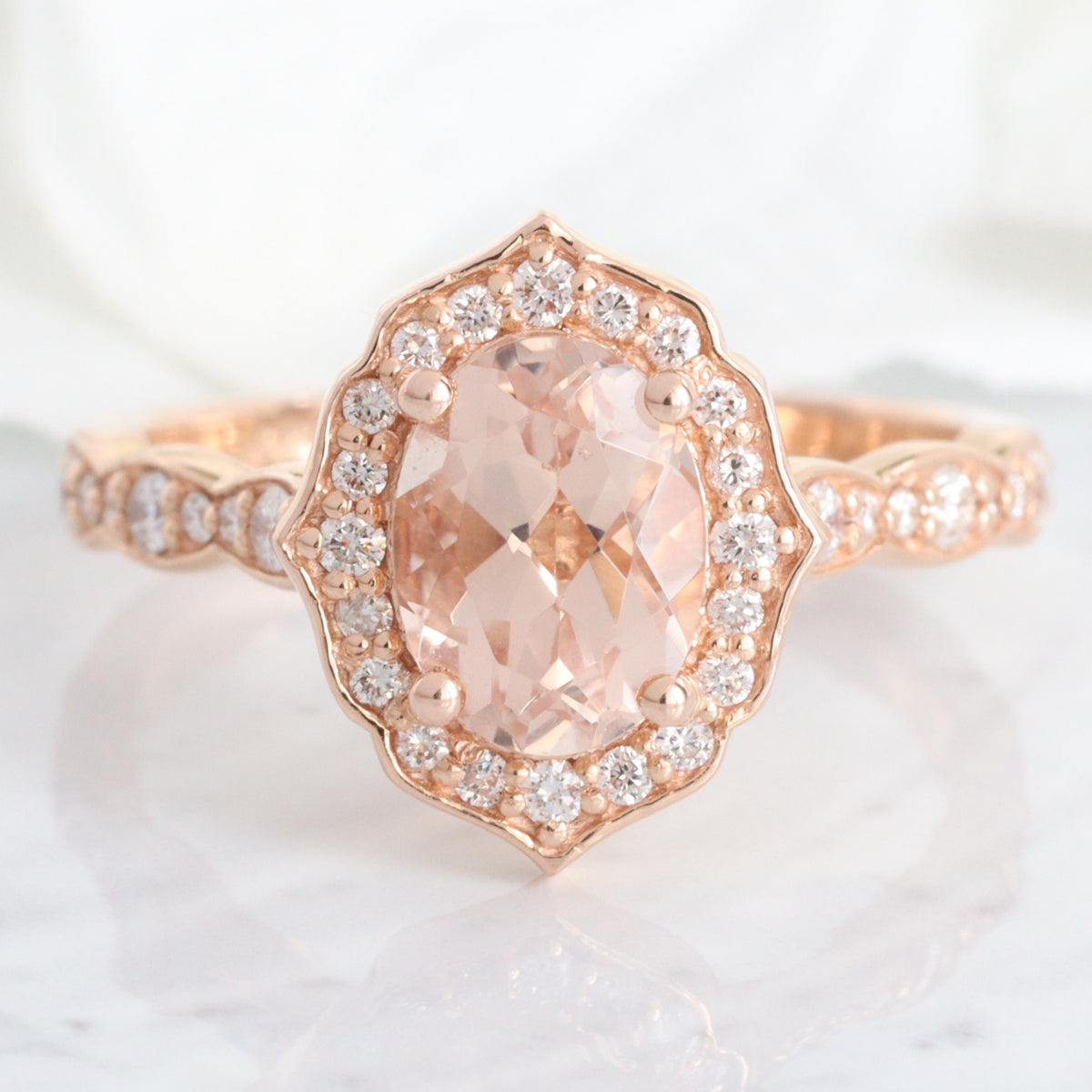 oval morganite engagement ring rose gold vintage halo diamond morganite ring la more design jewelry