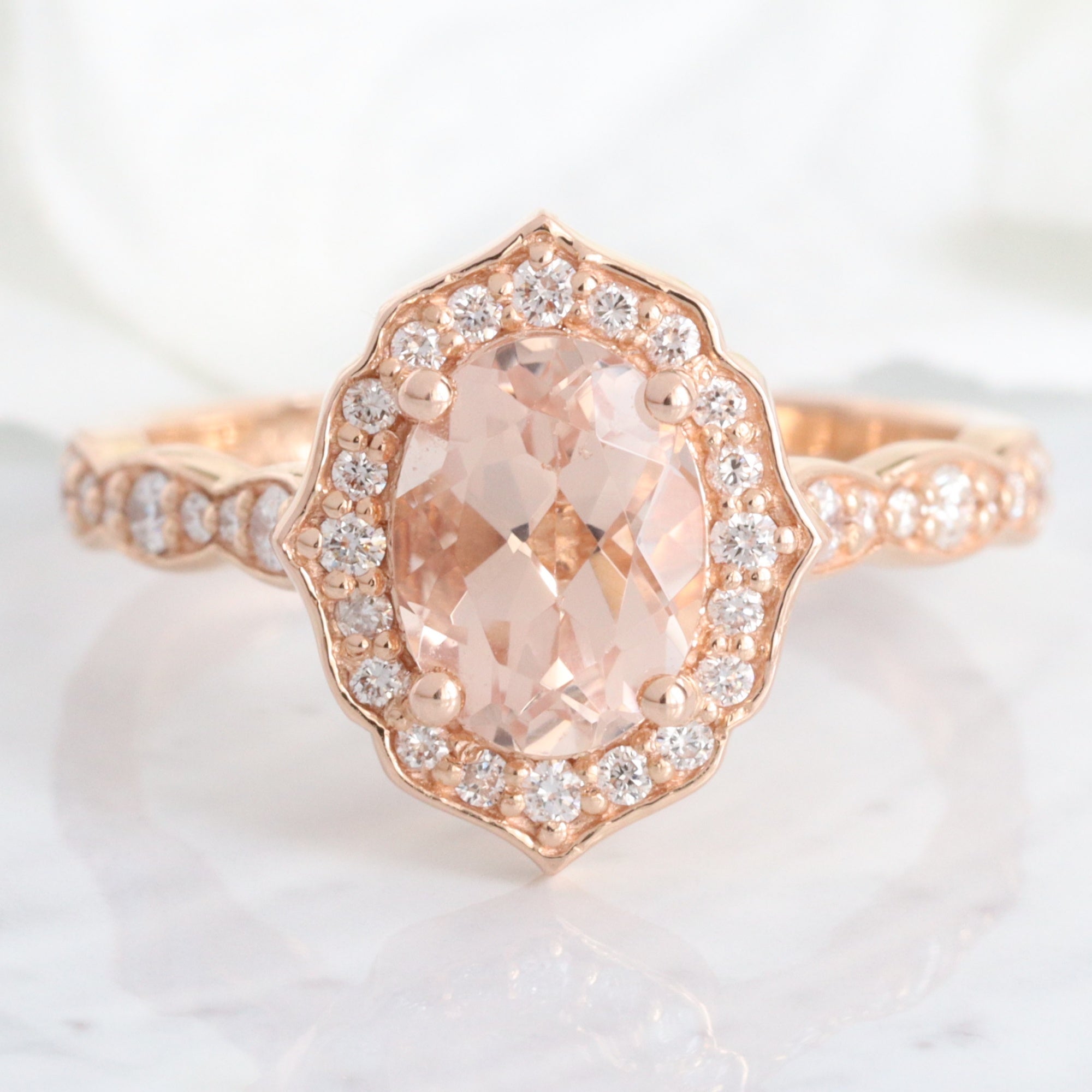 oval morganite engagement ring rose gold vintage halo diamond morganite ring la more design jewelry