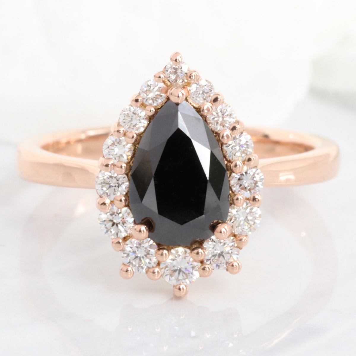 Pear black diamond engagement ring rose gold halo diamond pear ring pear cluster la more design jewelry