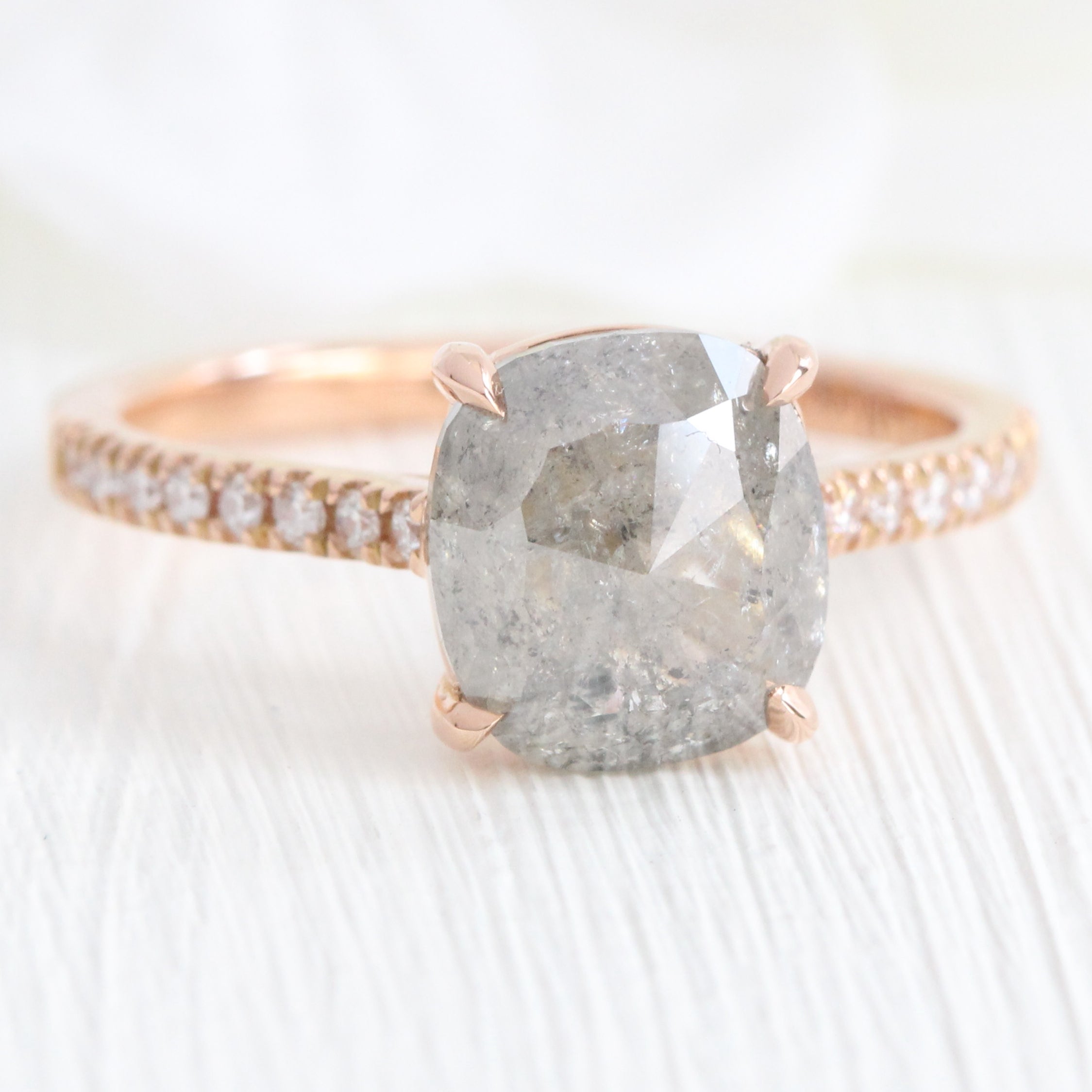 Rose cut cushion salt and pepper diamond ring rose gold solitaire grey diamond pave band la more design jewelry