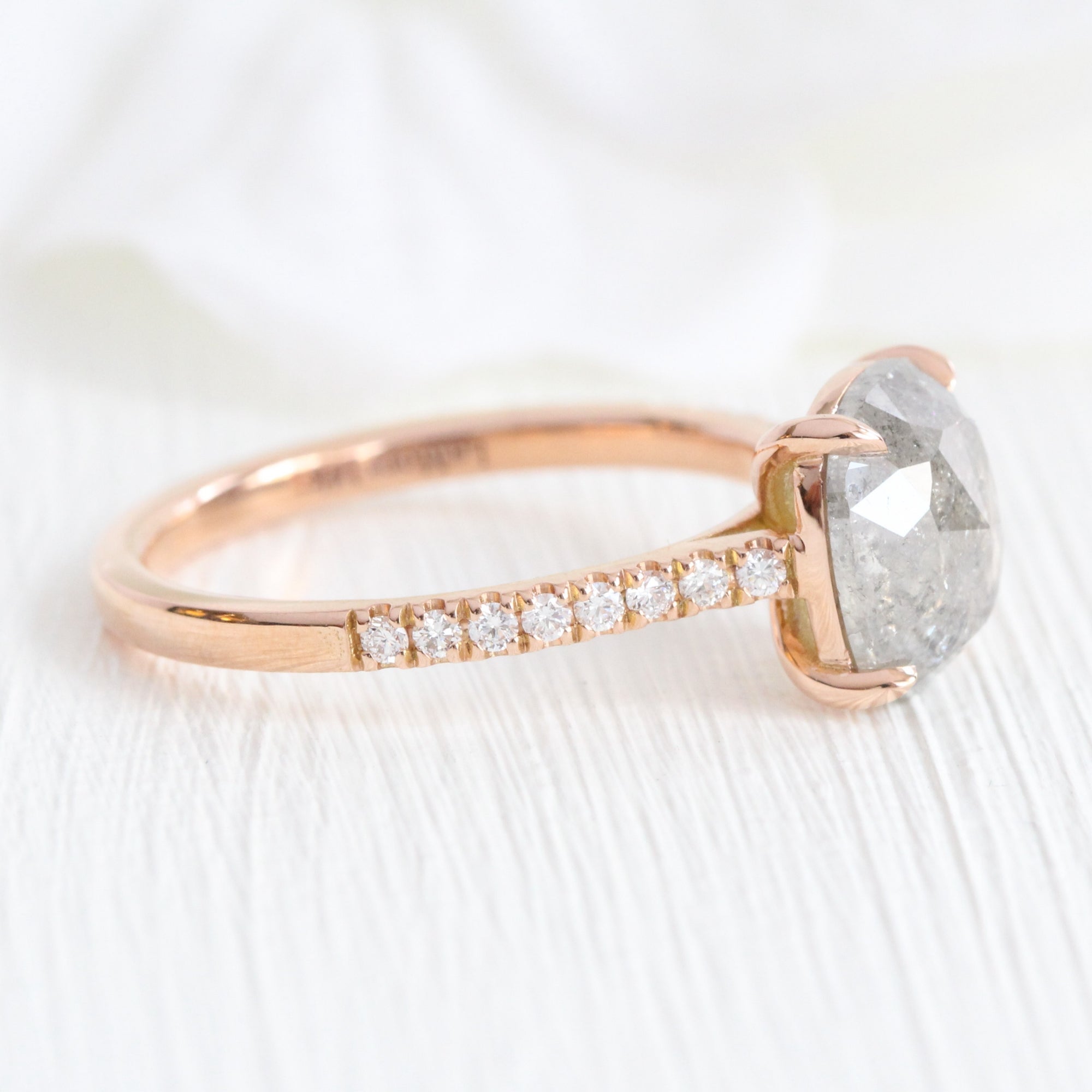 Rose cut cushion salt and pepper diamond ring rose gold solitaire grey diamond pave band la more design jewelry