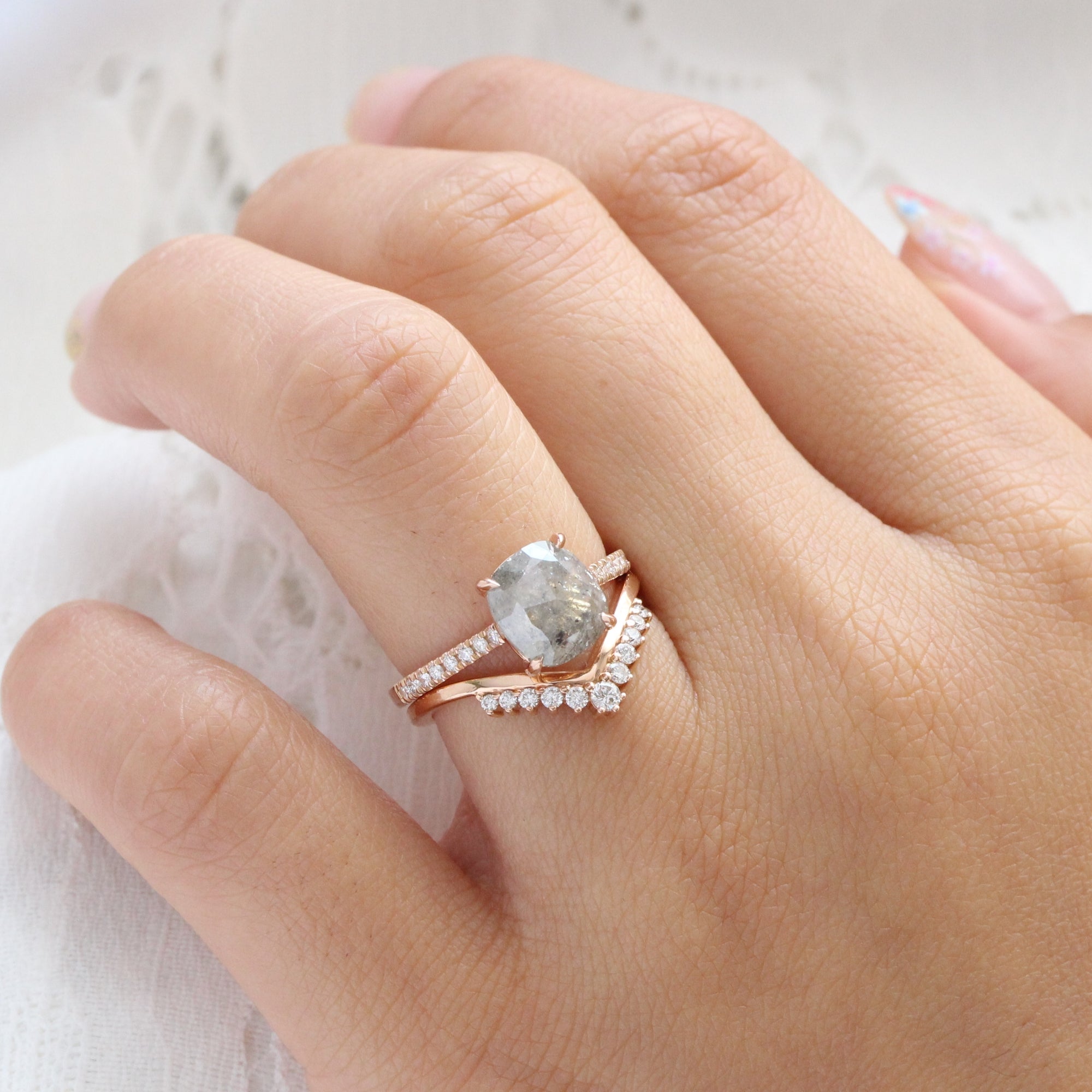 Rose cut cushion salt and pepper diamond ring rose gold solitaire grey diamond pave band la more design jewelry