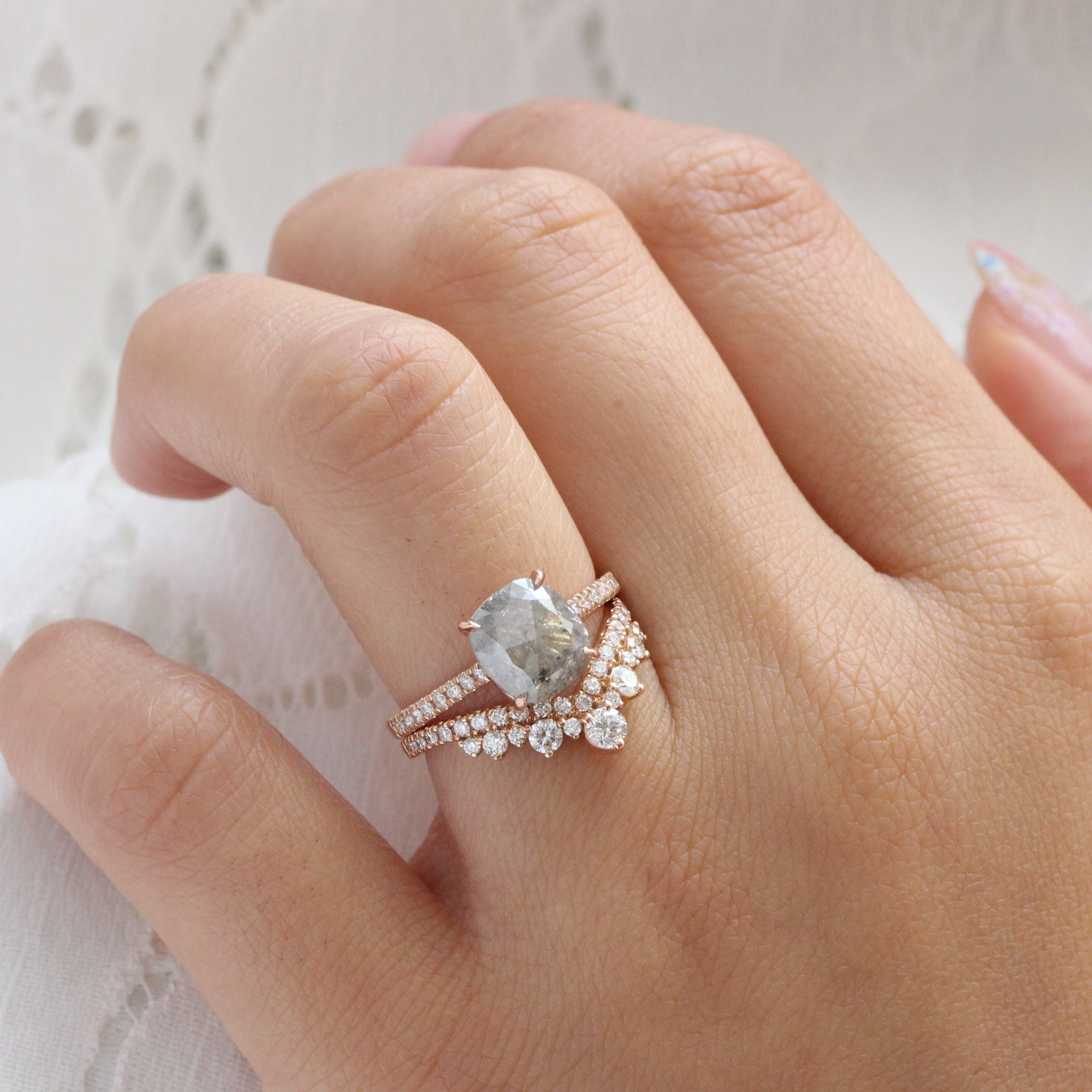 Rose cut cushion salt and pepper diamond ring rose gold solitaire grey diamond pave band la more design jewelry