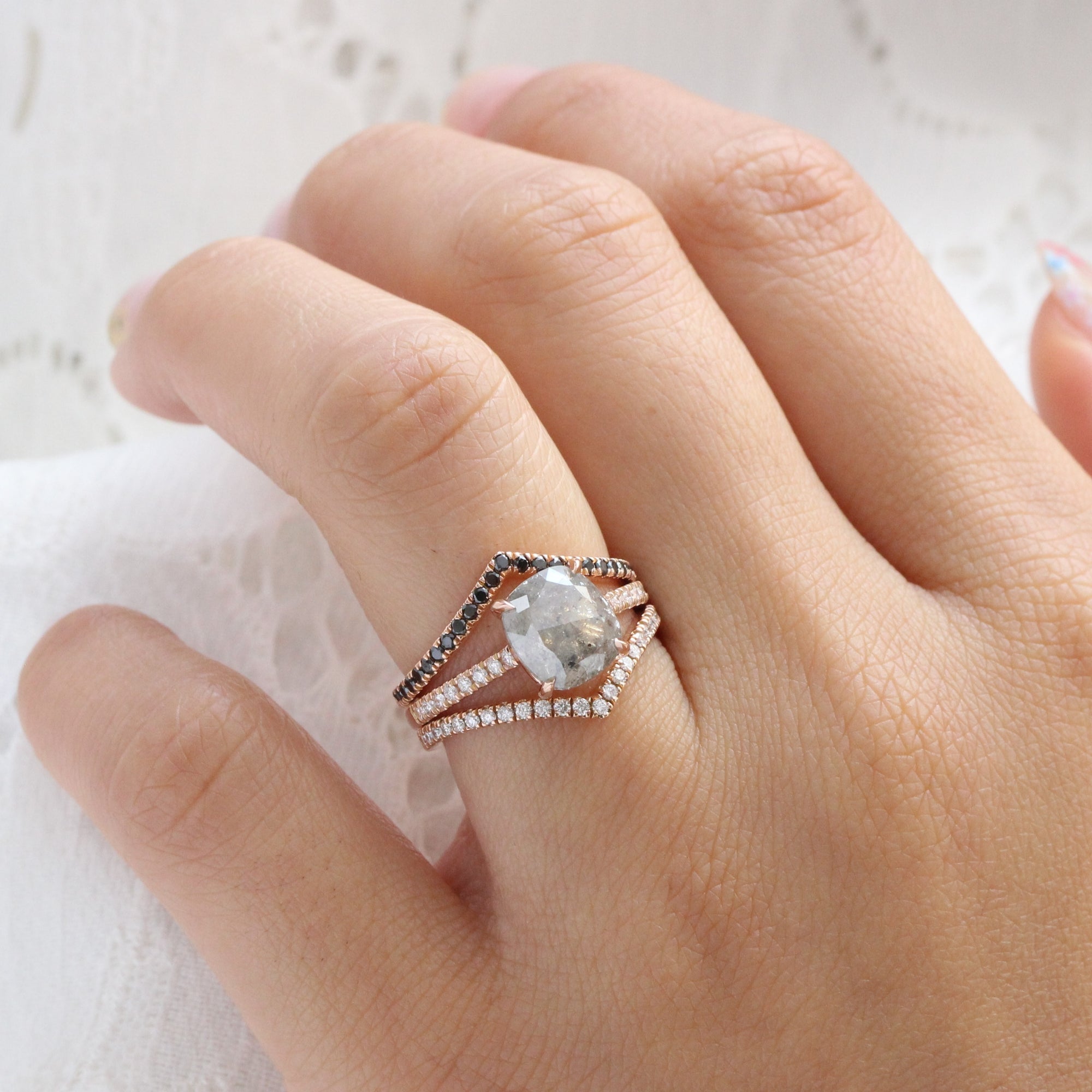 Rose cut cushion salt and pepper diamond ring rose gold solitaire grey diamond pave band la more design jewelry