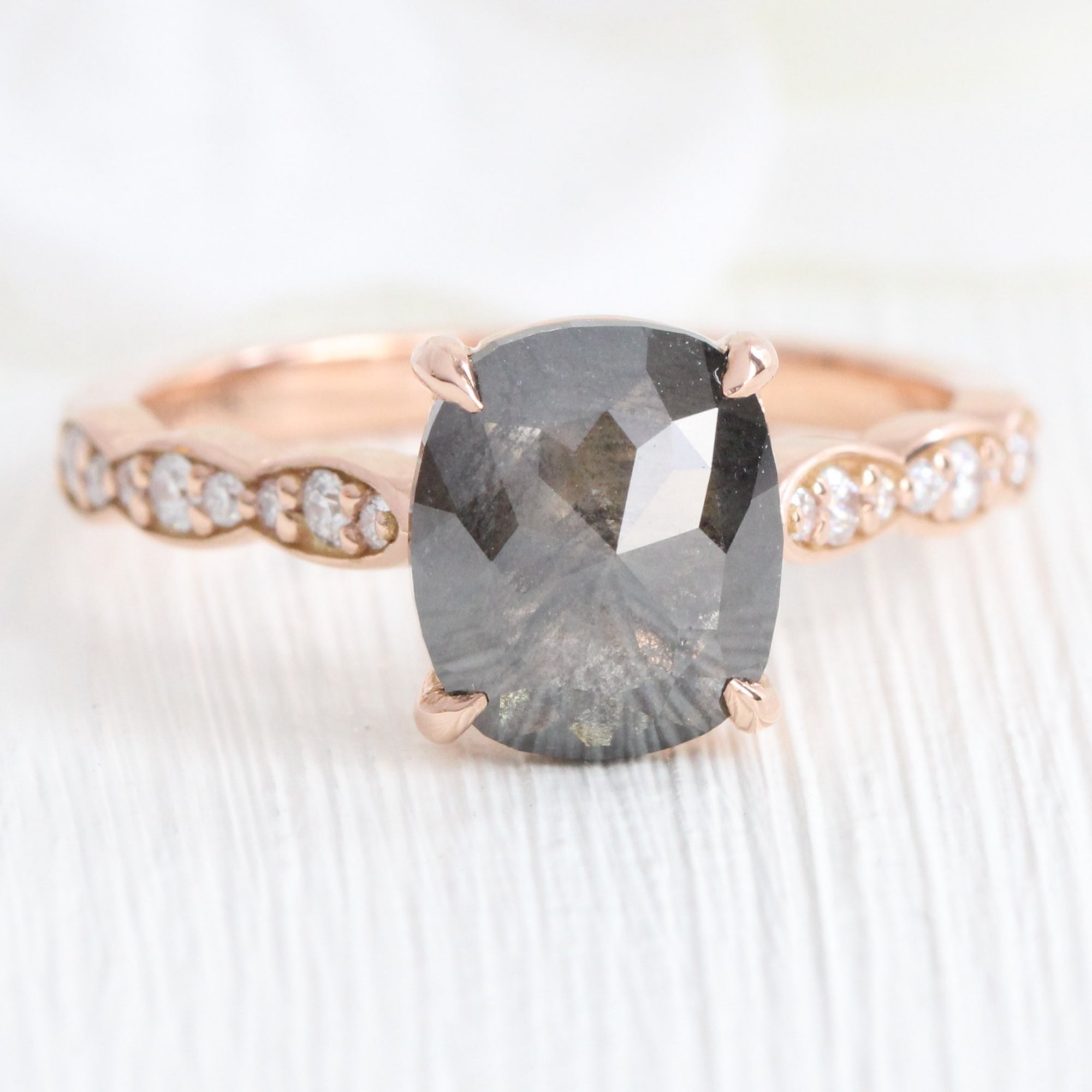 Rose cut cushion salt and pepper diamond ring rose gold solitaire grey diamond scalloped band la more design jewelry