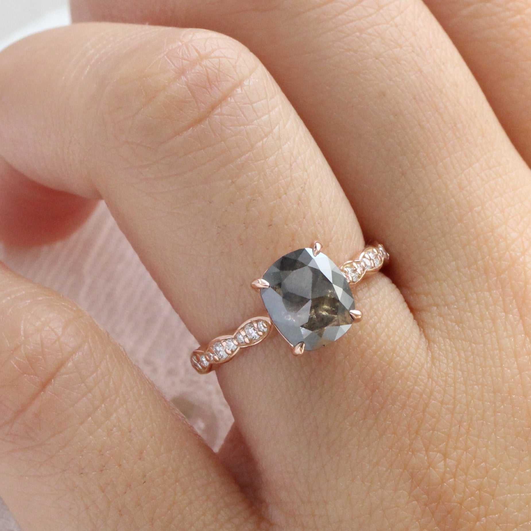 Rose cut cushion salt and pepper diamond ring rose gold solitaire grey diamond scalloped band la more design jewelry