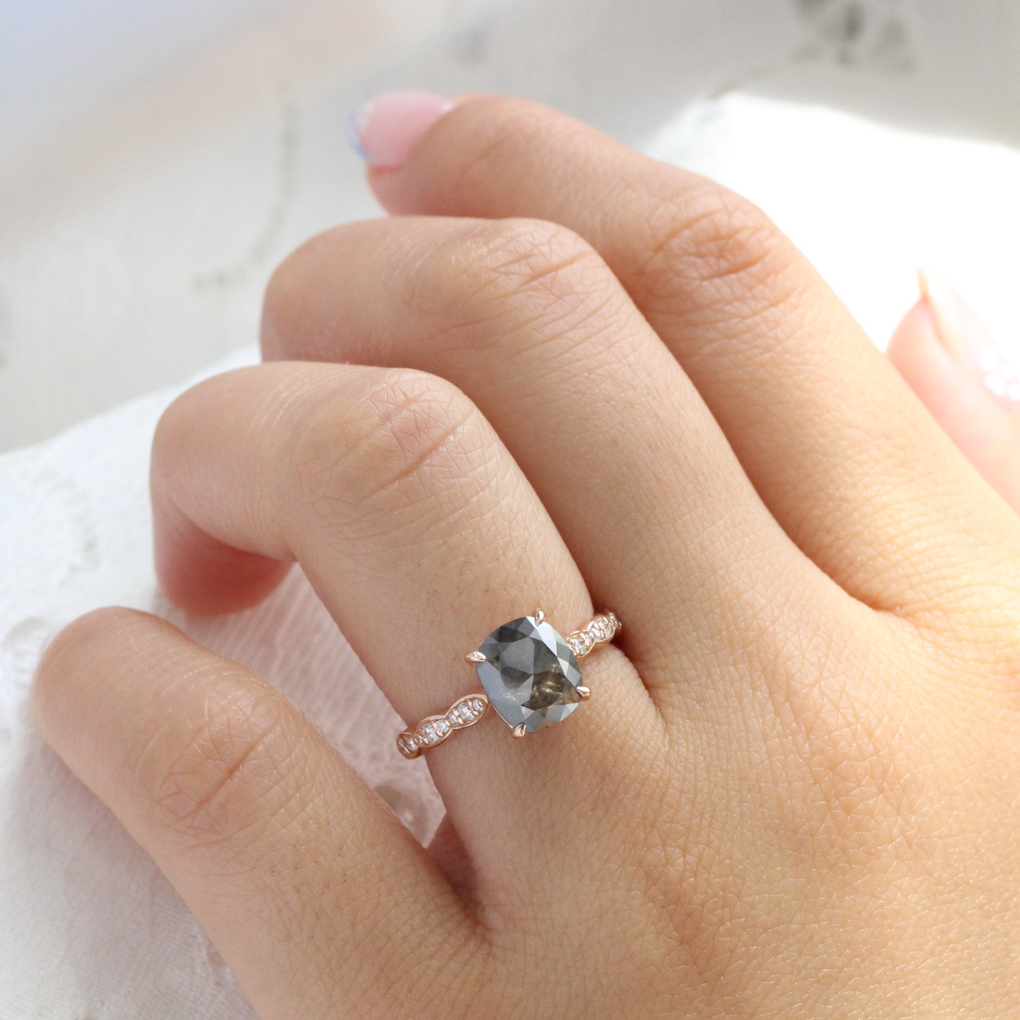 Rose cut cushion salt and pepper diamond ring rose gold solitaire grey diamond scalloped band la more design jewelry