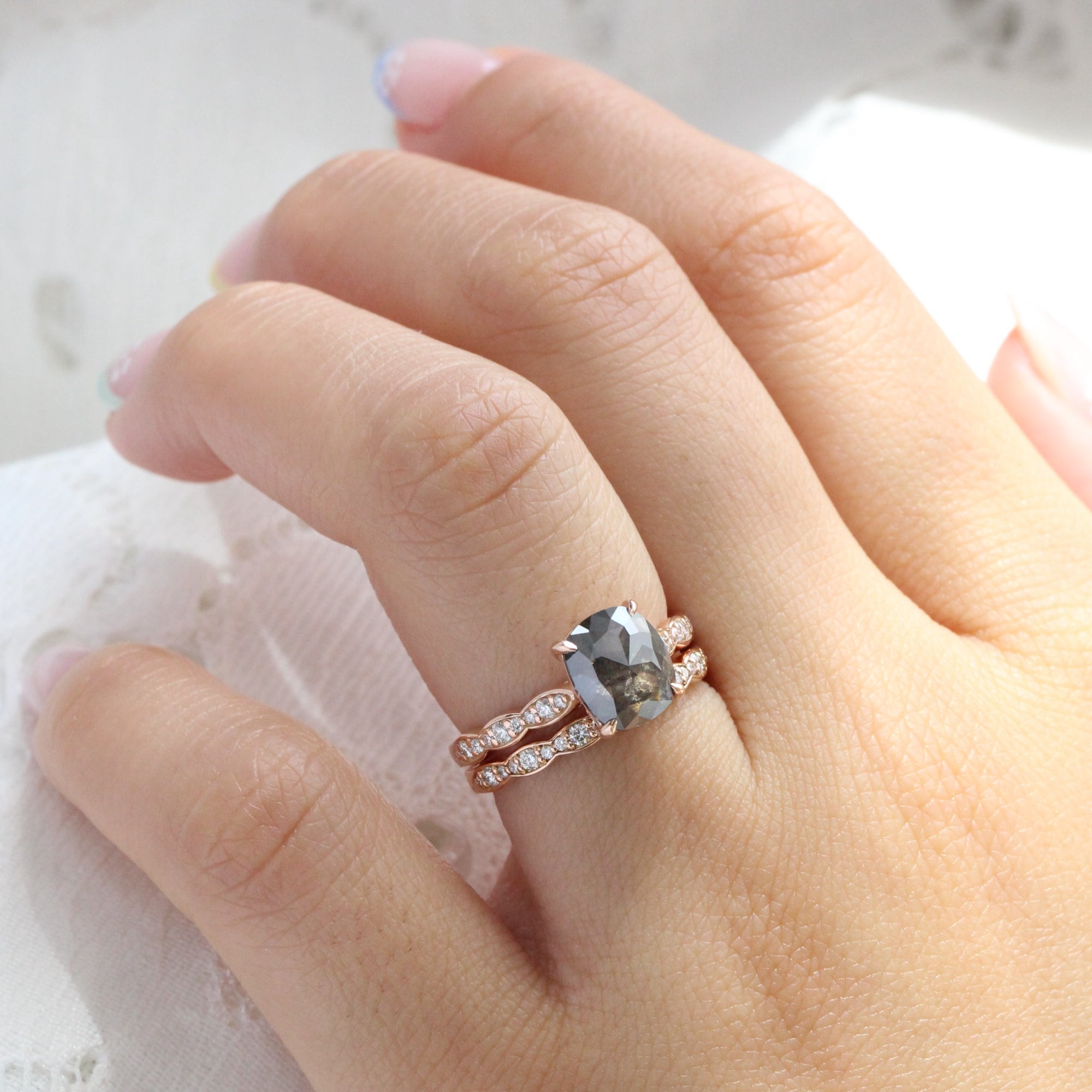 Rose cut cushion salt and pepper diamond ring rose gold solitaire grey diamond scalloped band la more design jewelry