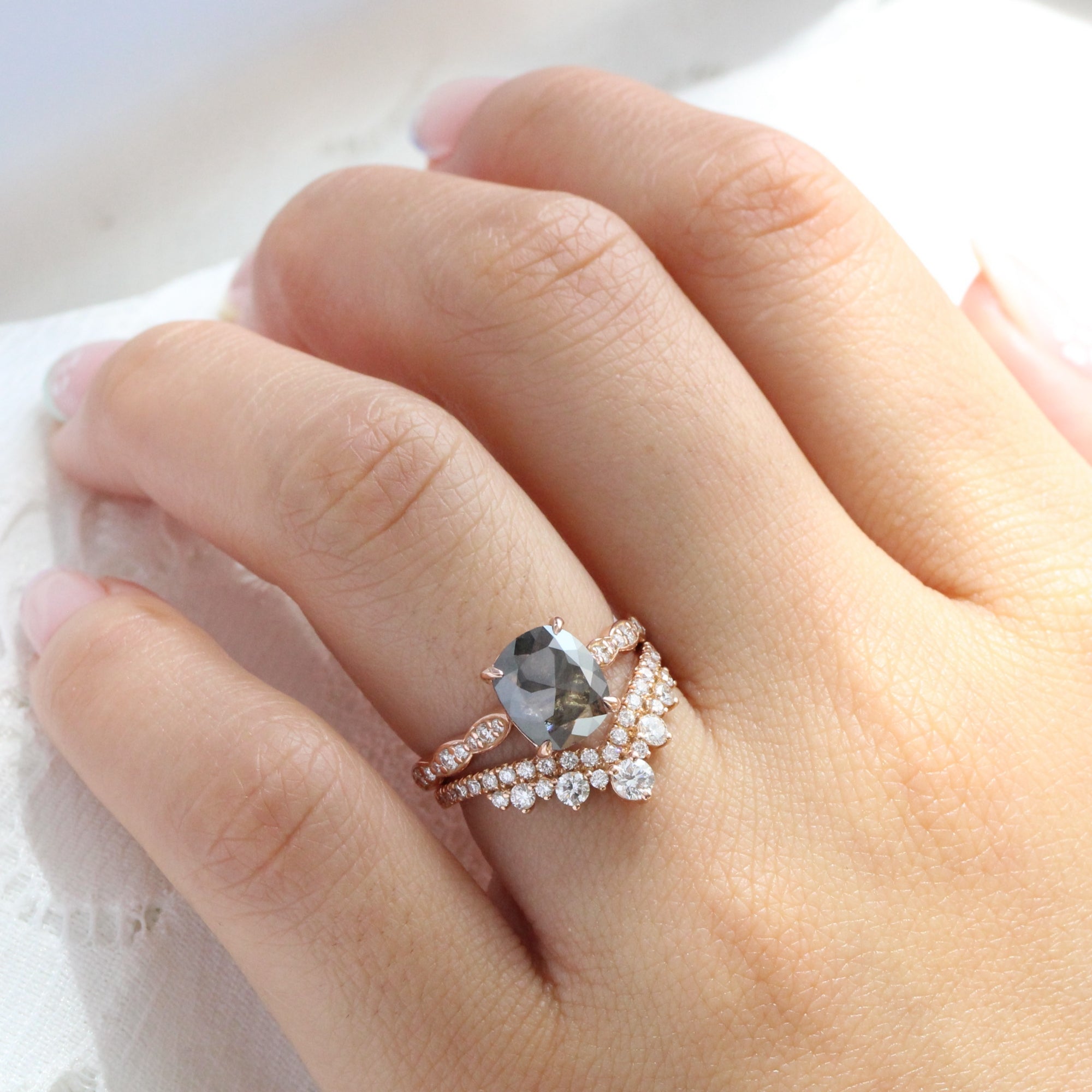 Rose cut cushion salt and pepper diamond ring rose gold solitaire grey diamond scalloped band la more design jewelry