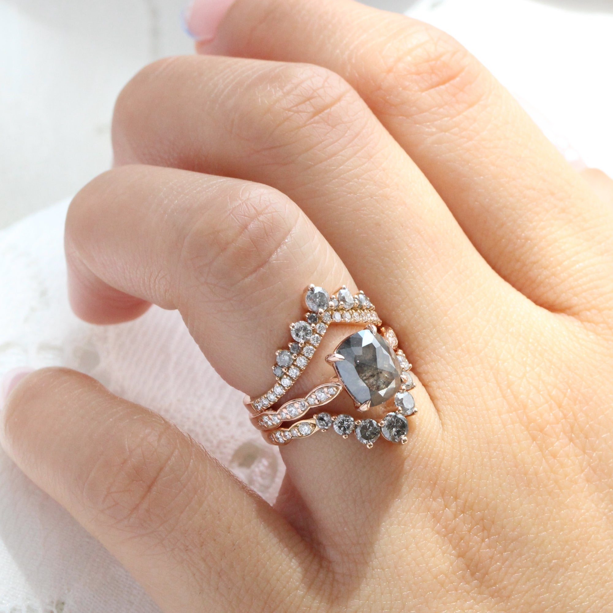 Rose cut cushion salt and pepper diamond ring rose gold solitaire grey diamond scalloped band la more design jewelry