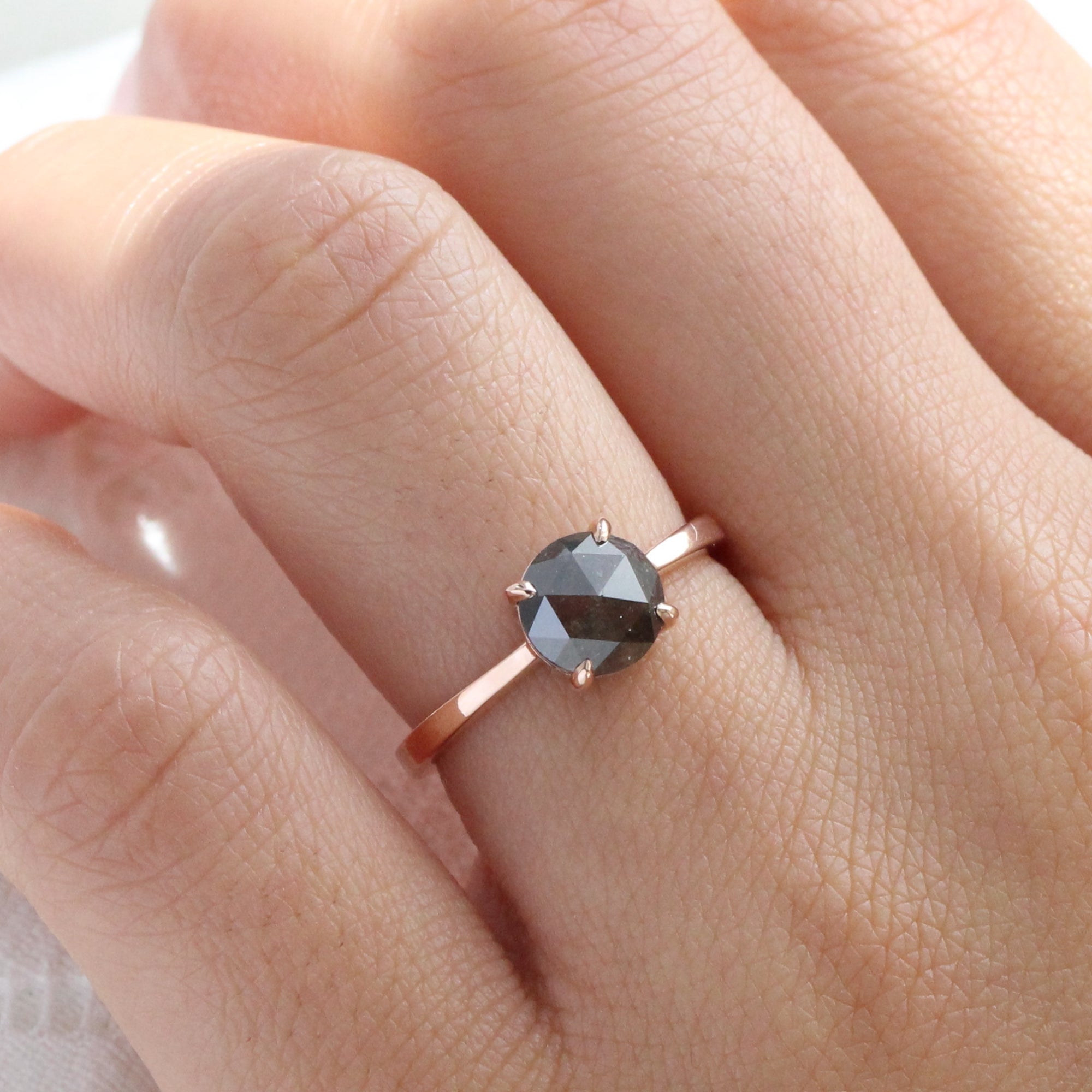 Rose cut dark salt and pepper diamond ring rose gold solitaire grey diamond ring la more design jewelry