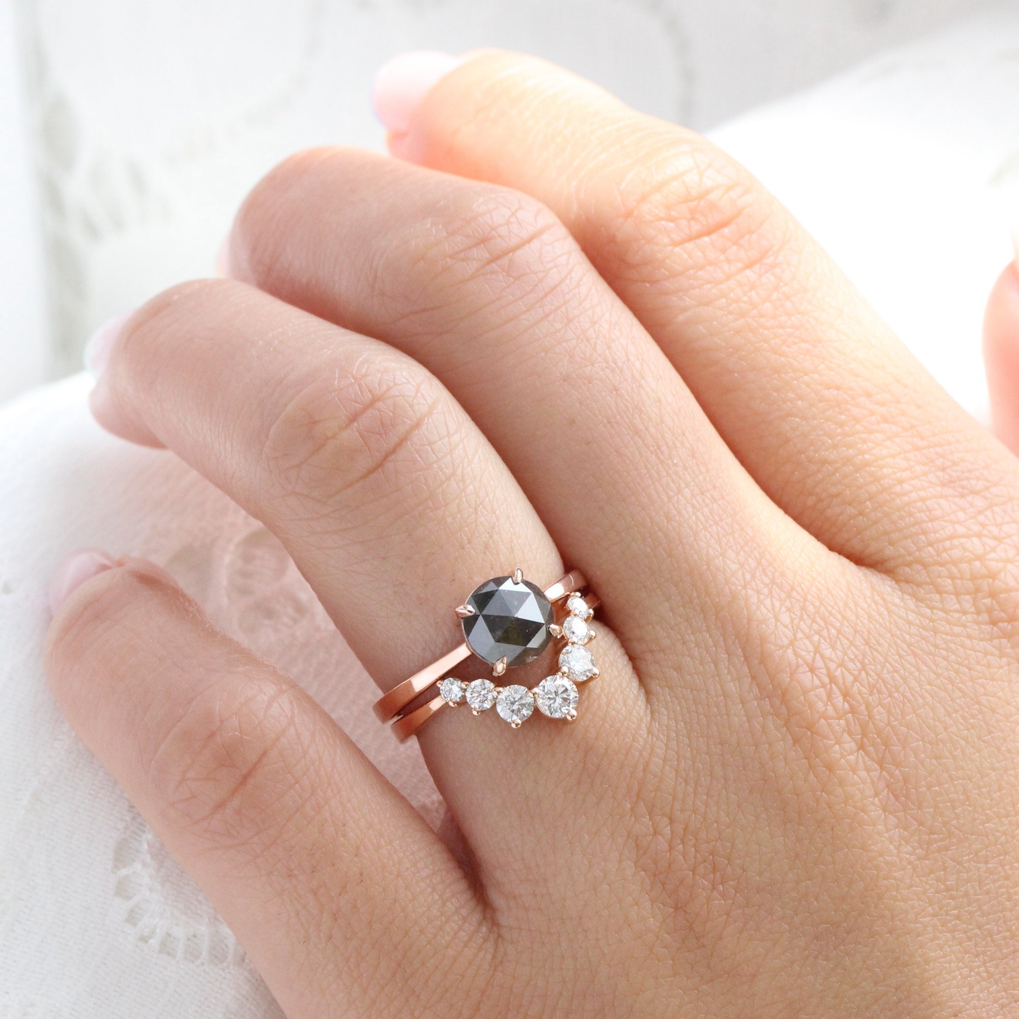 Rose cut dark salt and pepper diamond ring rose gold solitaire grey diamond ring la more design jewelry