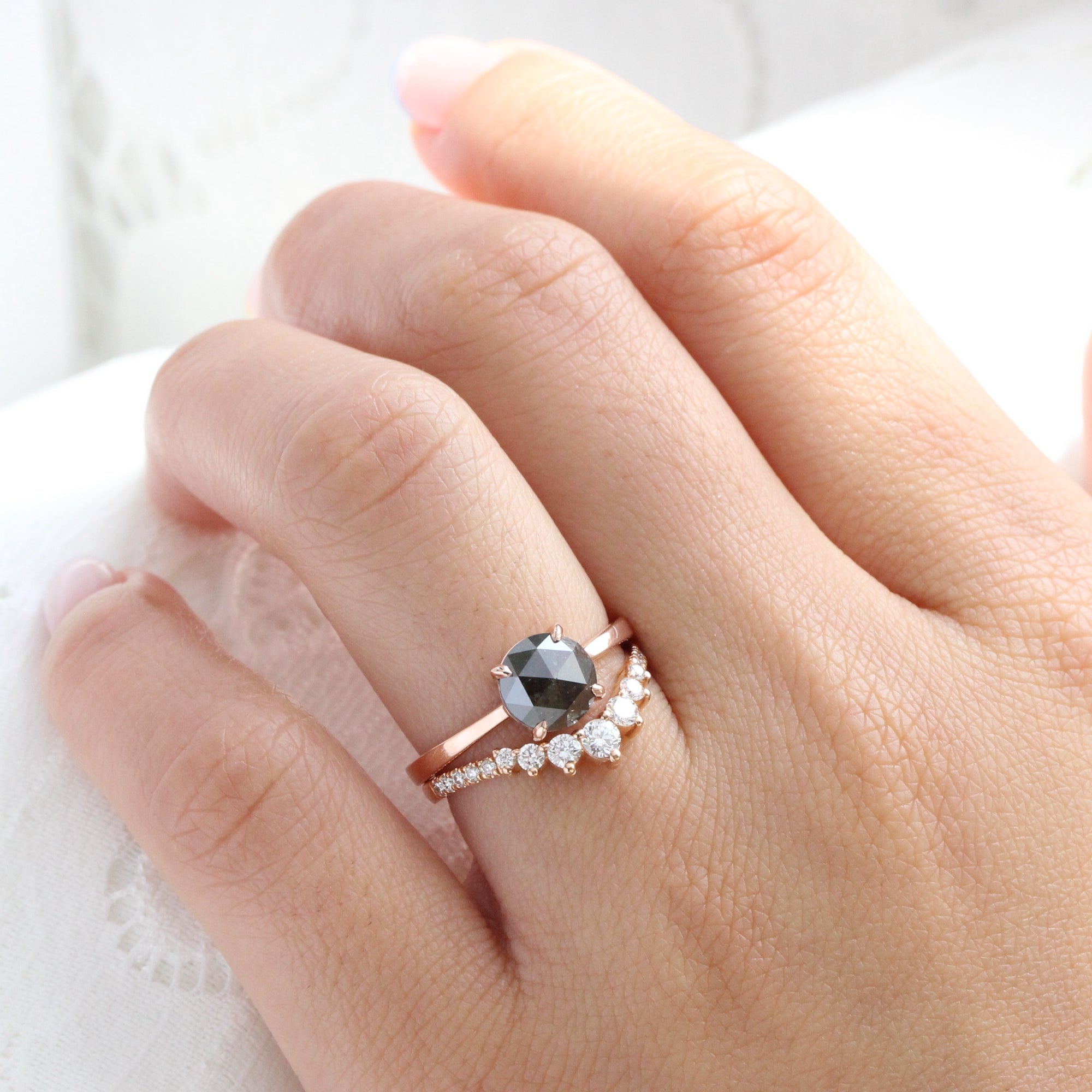 Rose cut dark salt and pepper diamond ring rose gold solitaire grey diamond ring la more design jewelry