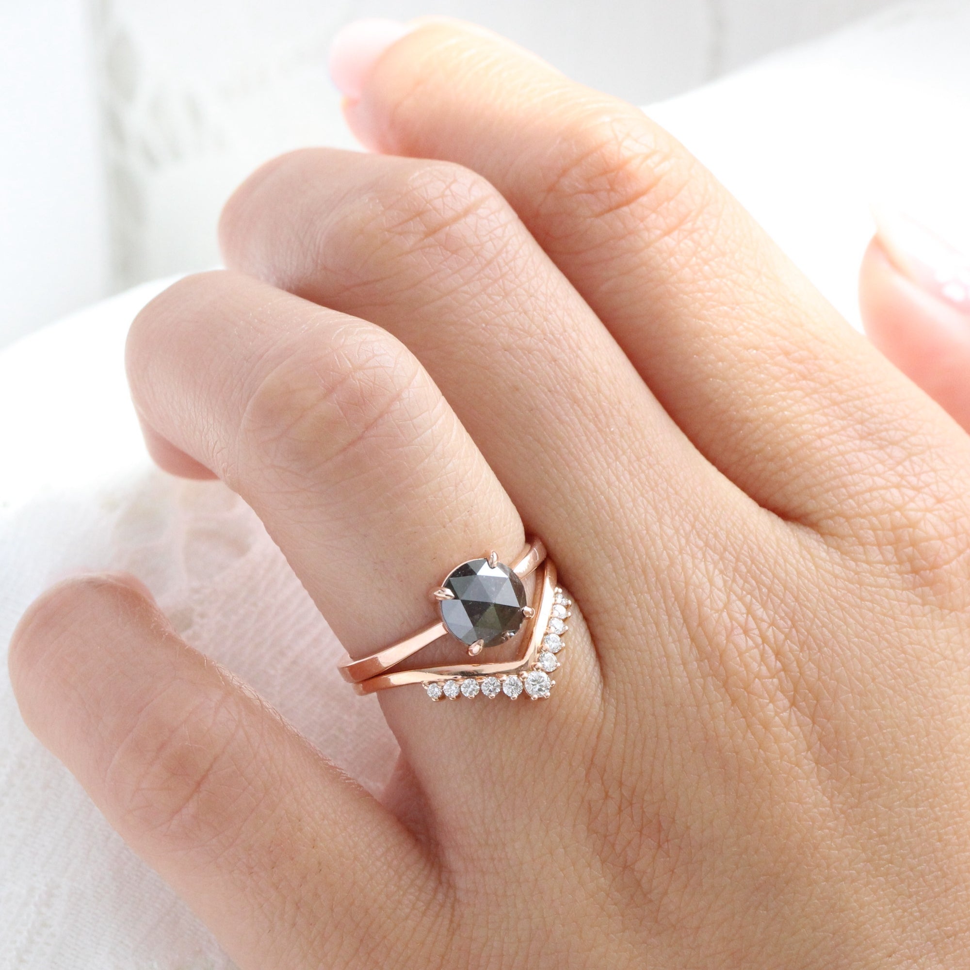 Rose cut dark salt and pepper diamond ring rose gold solitaire grey diamond ring la more design jewelry