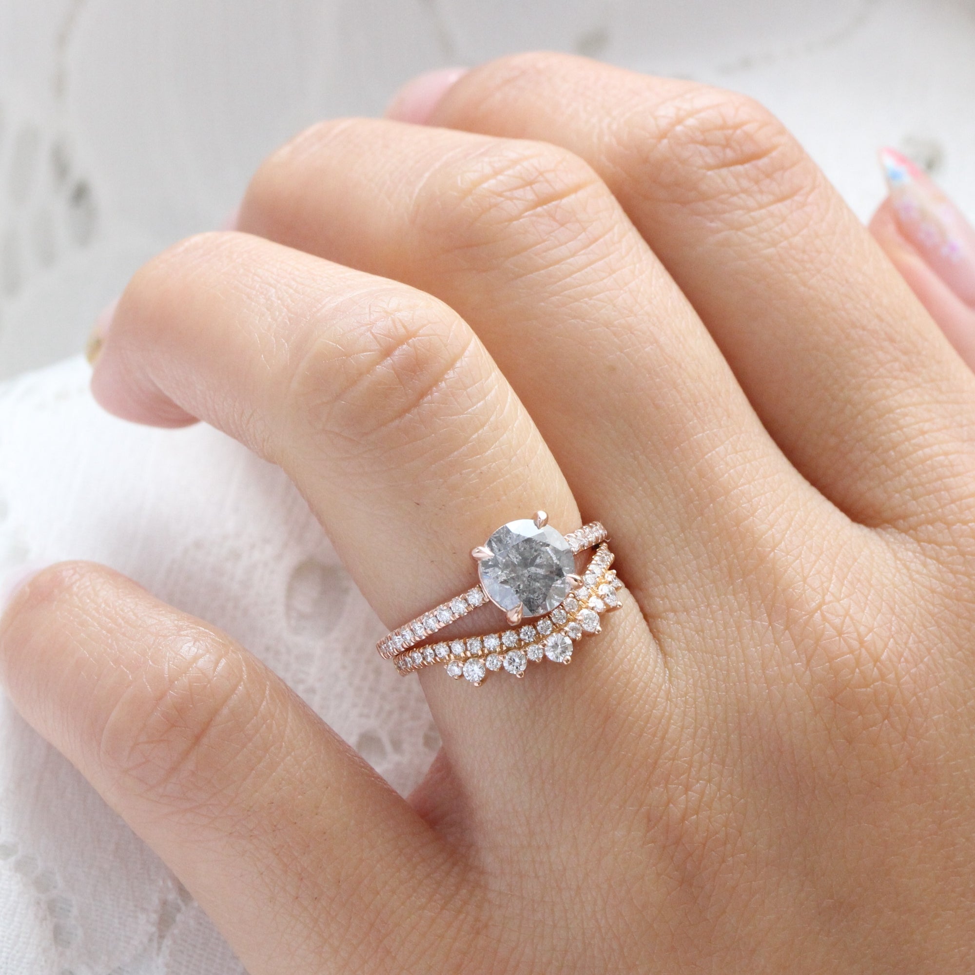 Natural Salt and Pepper Diamond Ring in Rose Gold Solitaire Pave