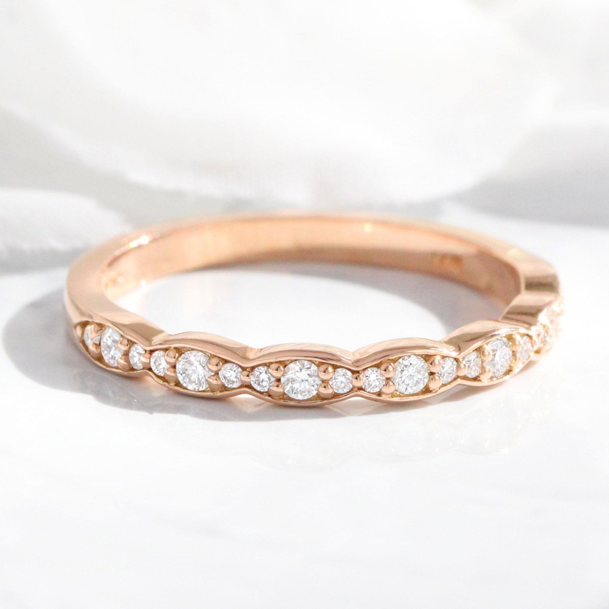 Scalloped diamond wedding ring rose gold half eternity band by la more design jewelry