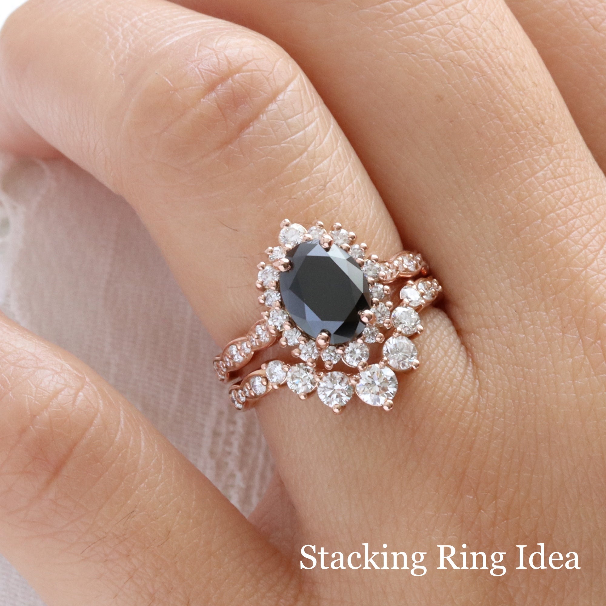 Unique black diamond ring bridal set rose gold oval black diamond halo ring stack la more design jewelry