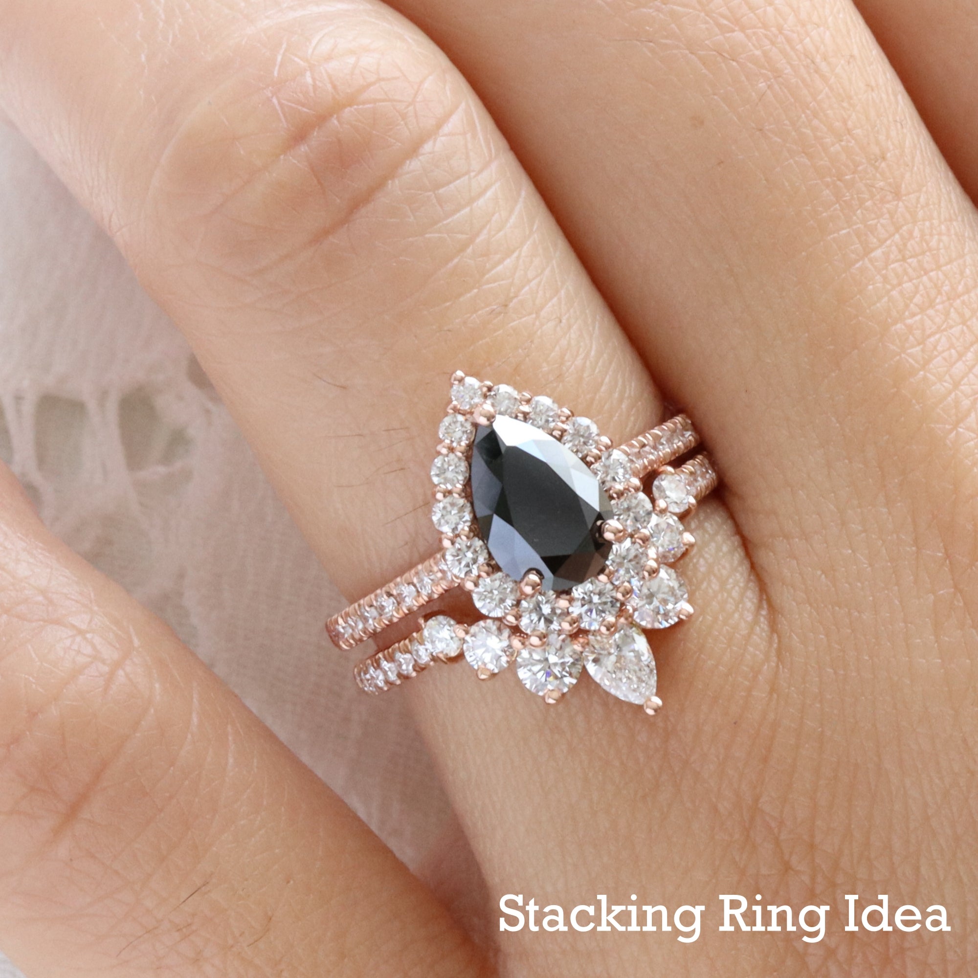 Unique black diamond ring bridal set rose gold pear black diamond halo ring stack la more design jewelry