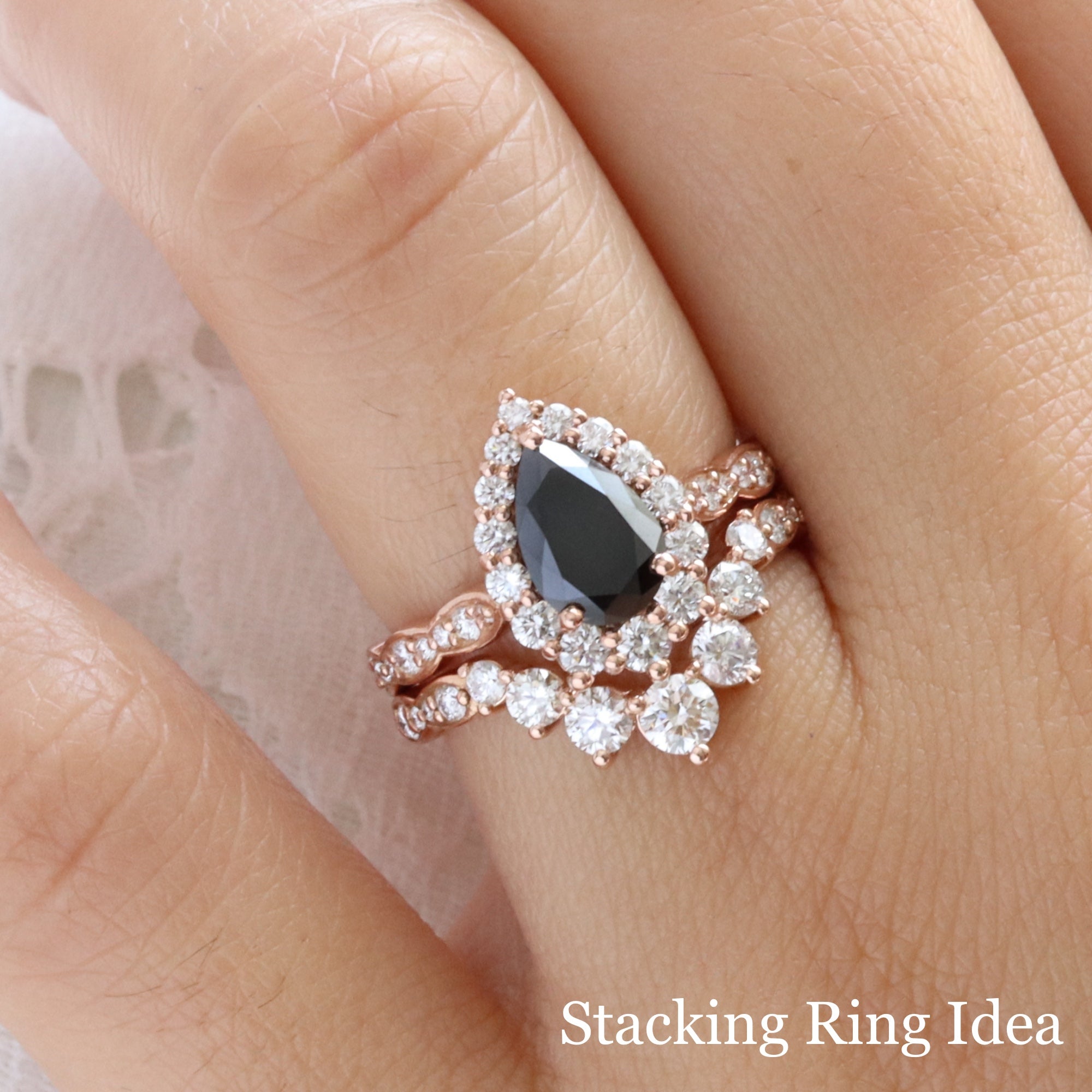 Pear shaped black diamond ring bridal set rose gold pear black diamond halo ring stack la more design jewelry