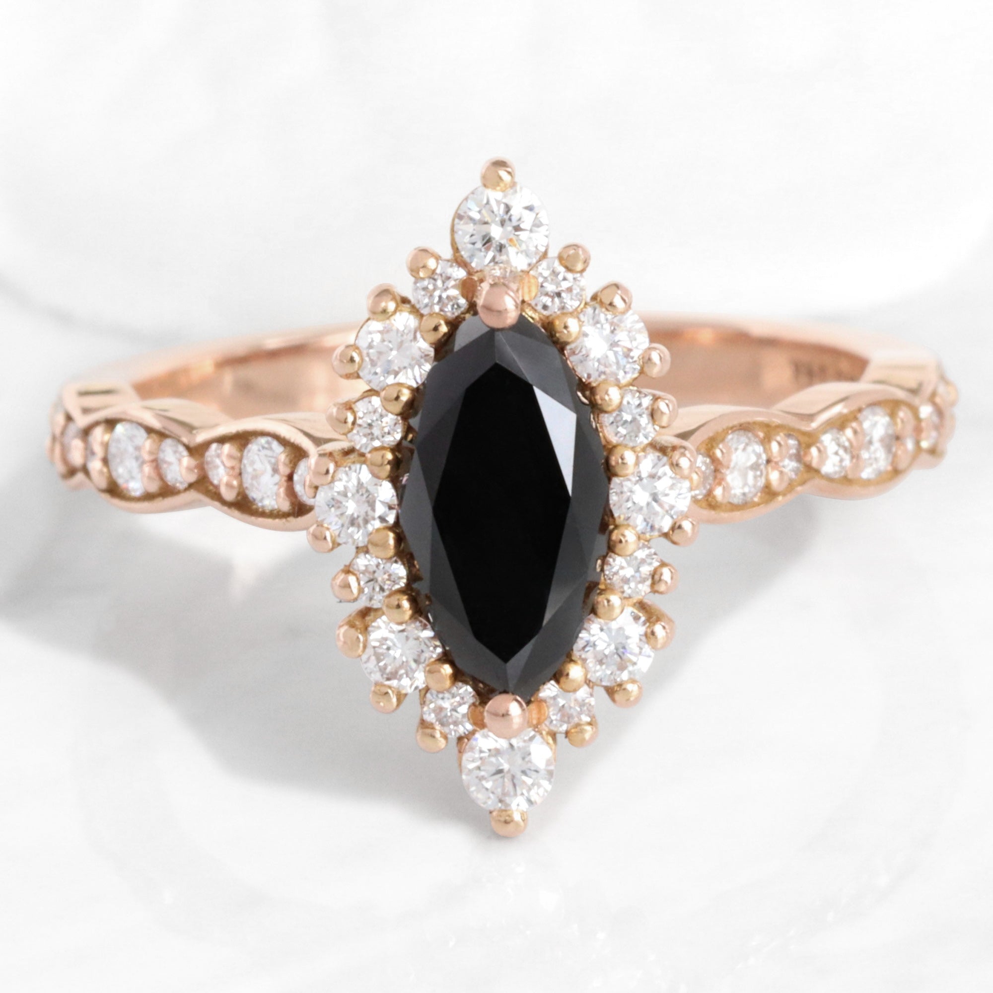 Unique marquise black diamond ring rose gold black halo diamond engagement ring la more design jewelry