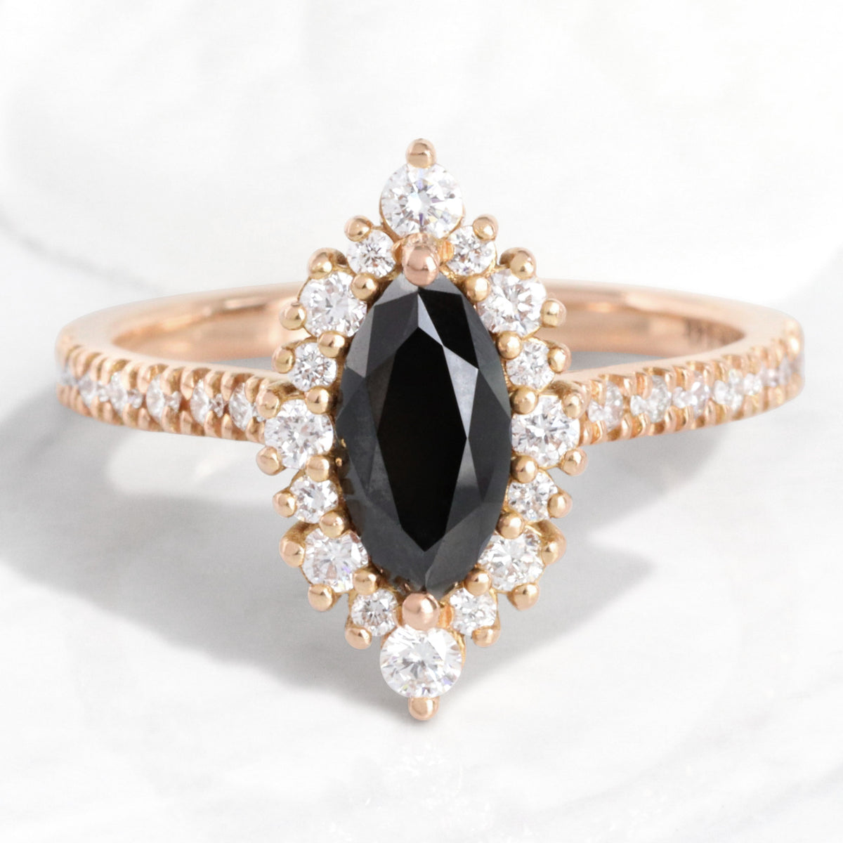 Unique marquise black diamond ring rose gold black halo diamond engagement ring la more design jewelry