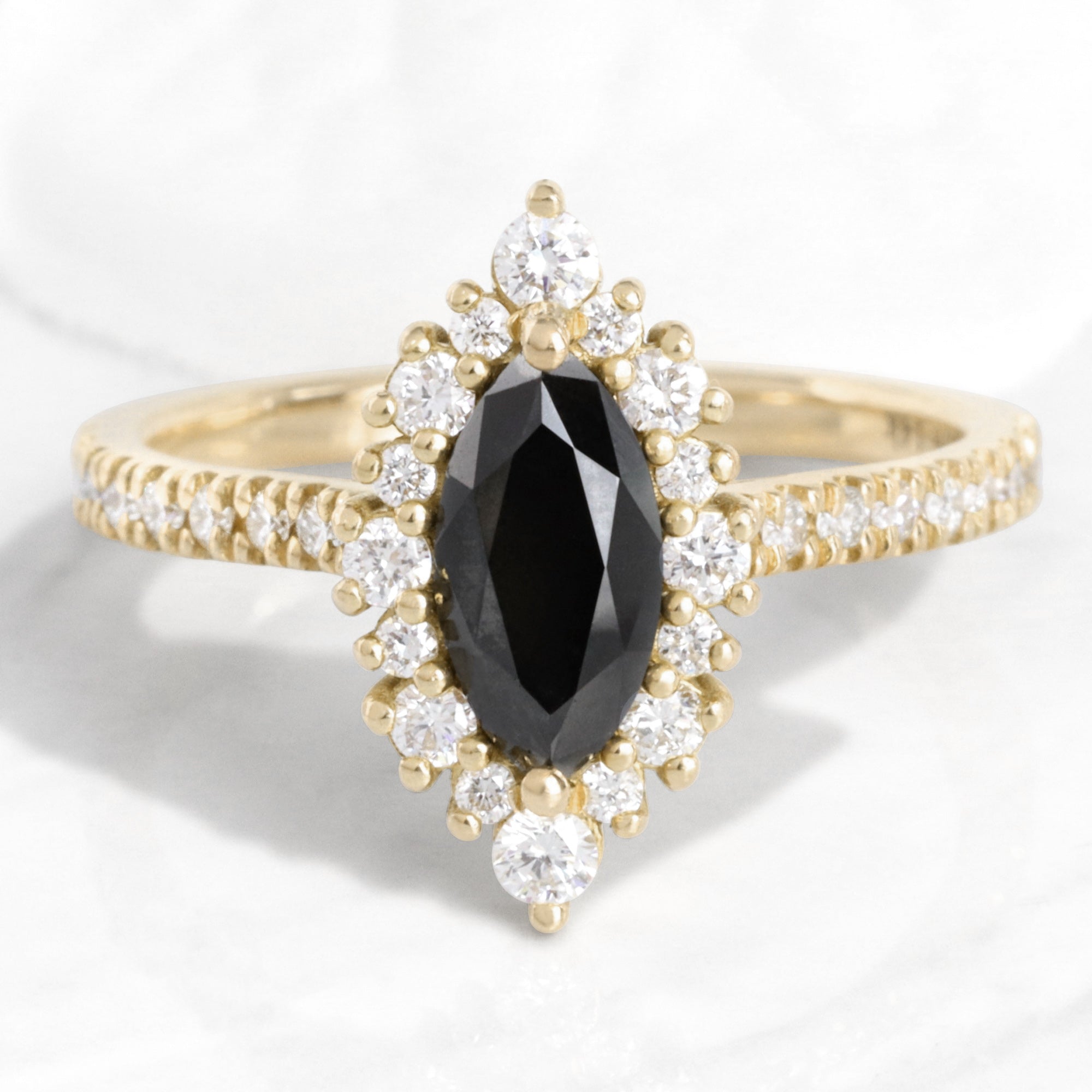 Unique marquise black diamond ring yellow gold black halo diamond engagement ring la more design jewelry