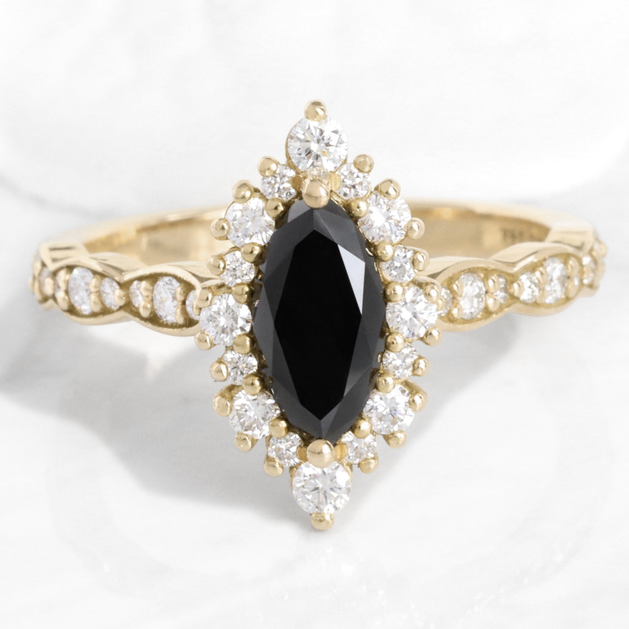 Unique marquise black diamond ring yellow gold black halo diamond engagement ring la more design jewelry