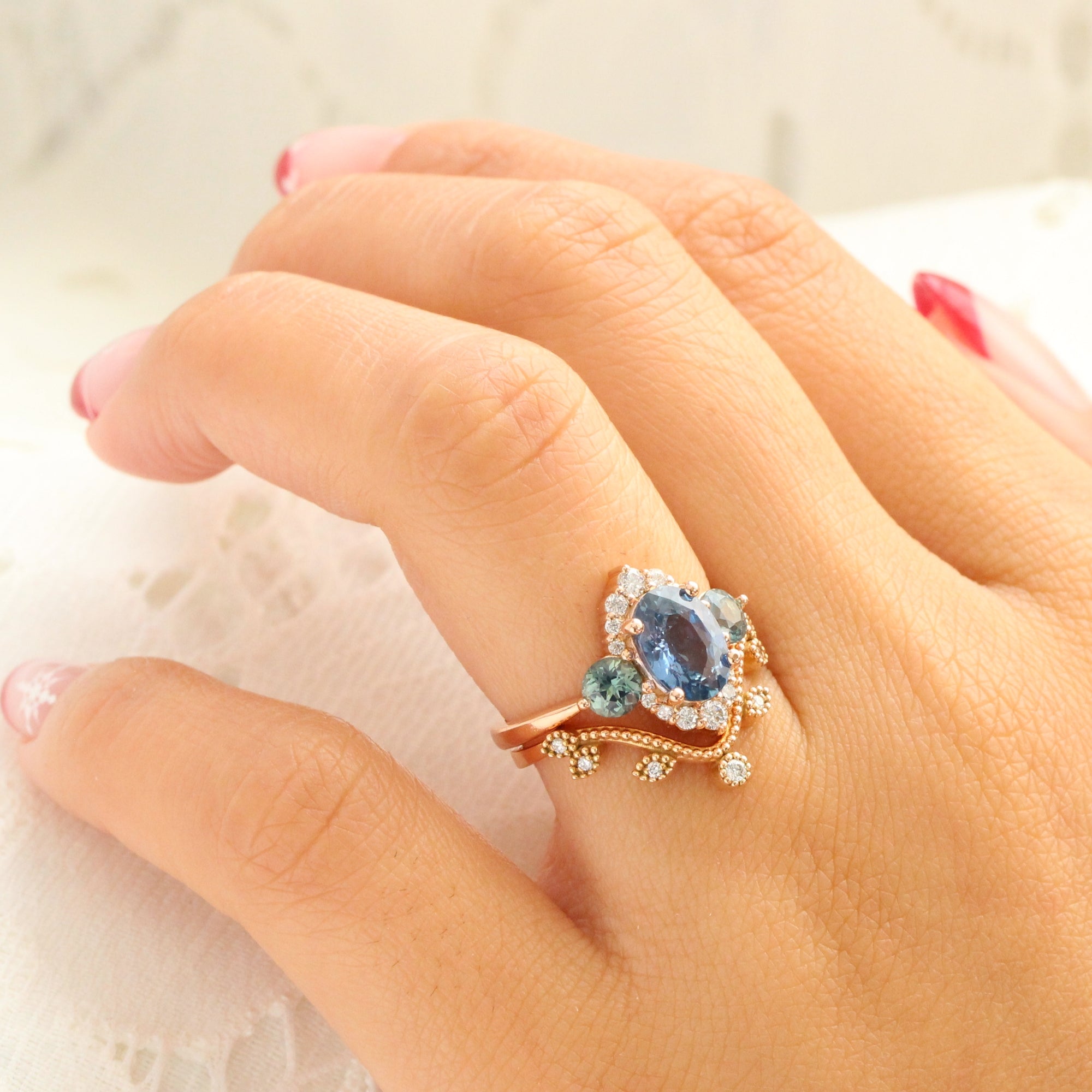 Unique teal blue sapphire ring rose gold diamond halo 3 stone ring la more design jewelry