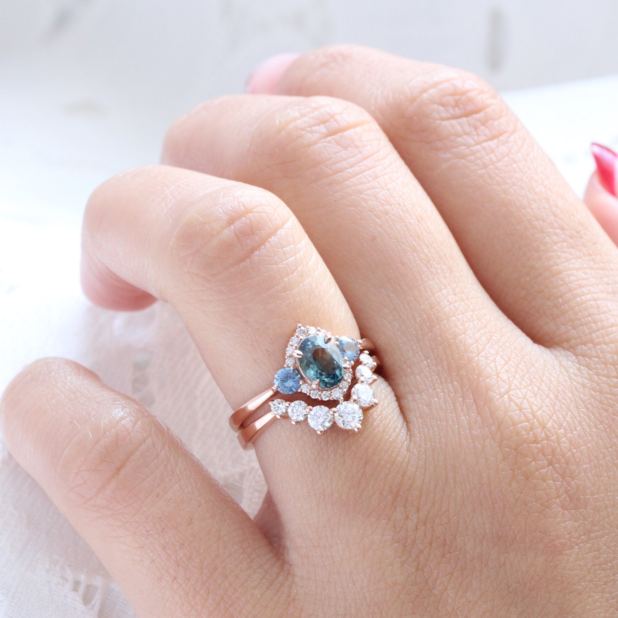 Unique teal blue sapphire ring rose gold diamond halo 3 stone ring la more design jewelry