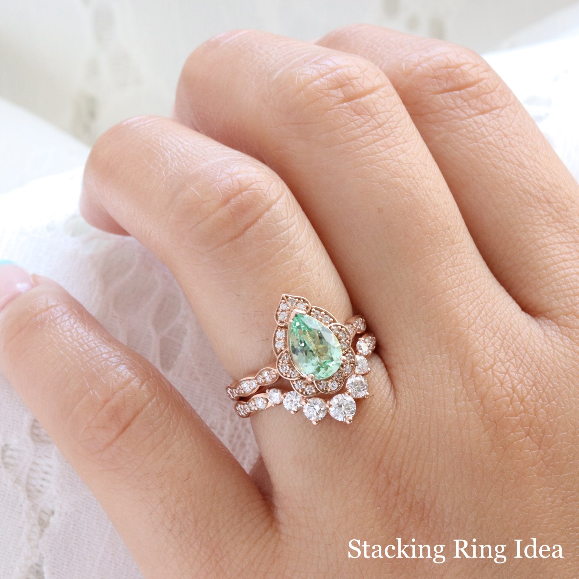 Large pear green sapphire engagement ring rose gold vintage halo diamond sapphire ring la more design jewelry