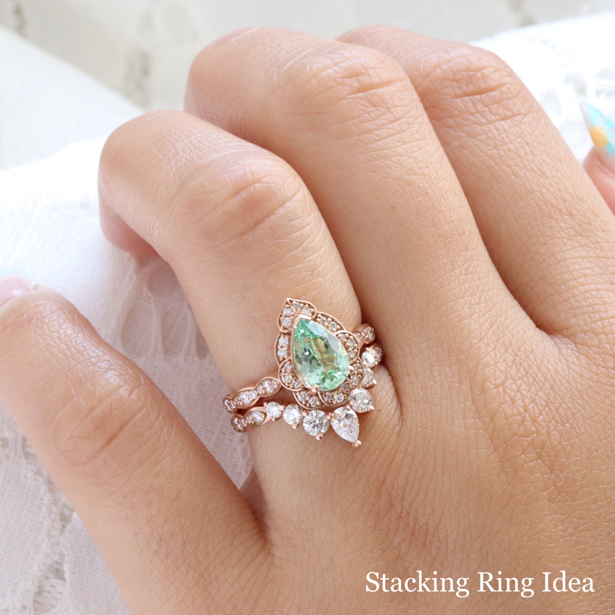 Large pear green sapphire engagement ring rose gold vintage halo diamond sapphire ring la more design jewelry