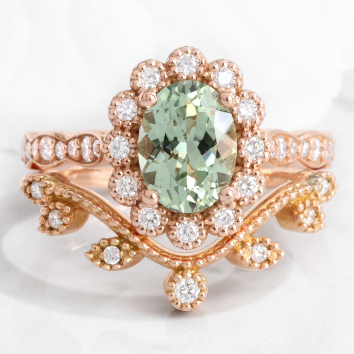 Vintage style green sapphire ring bridal set rose gold curved leaf diamond wedding ring stack la more design jewelry