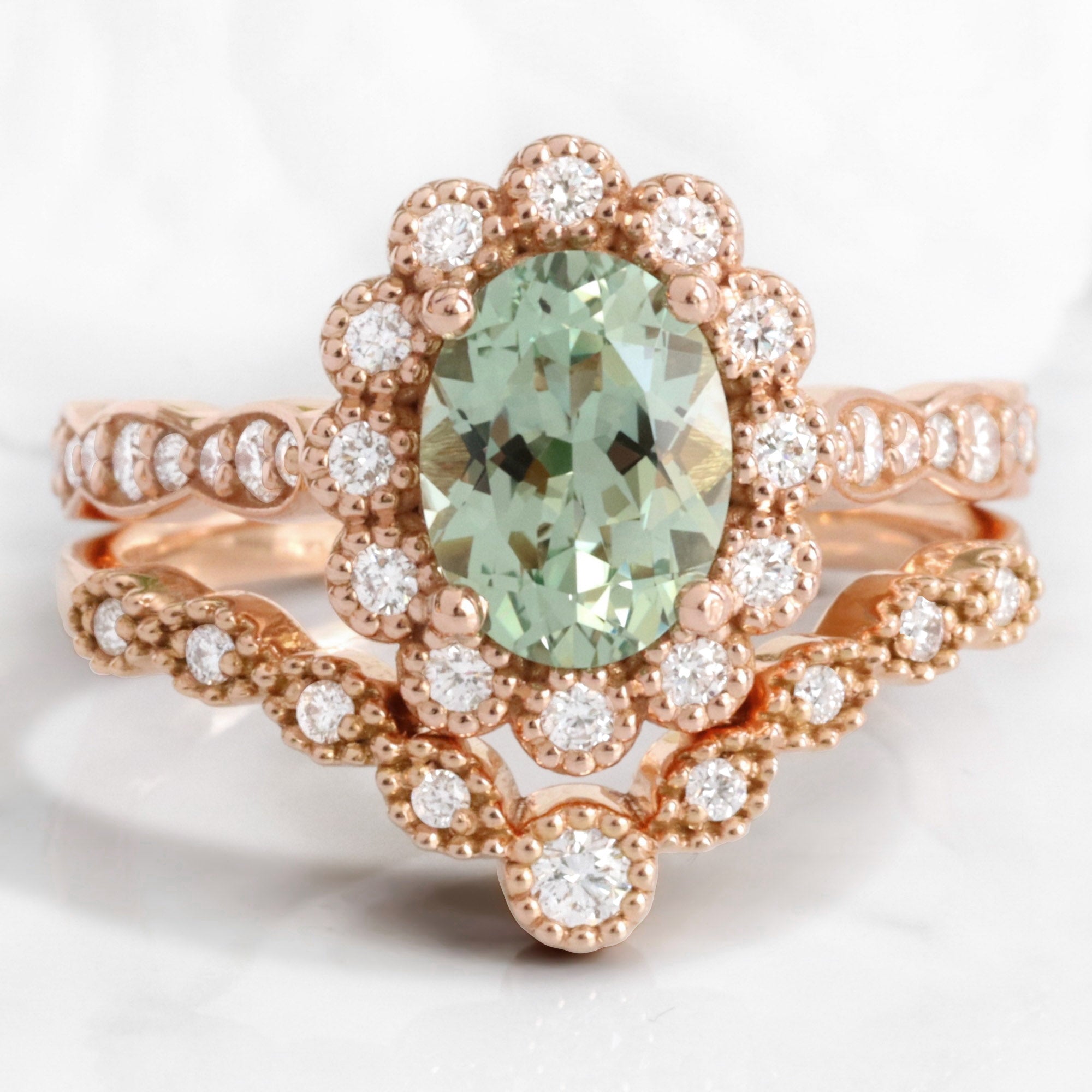 Vintage style green sapphire ring bridal set rose gold curved diamond wedding ring stack la more design jewelry