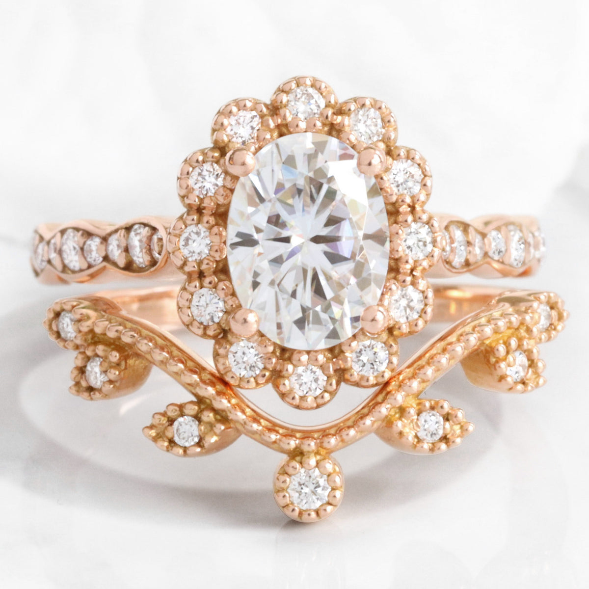 Vintage style oval moissanite ring bridal set rose gold curved leaf diamond wedding ring stack la more design jewelry