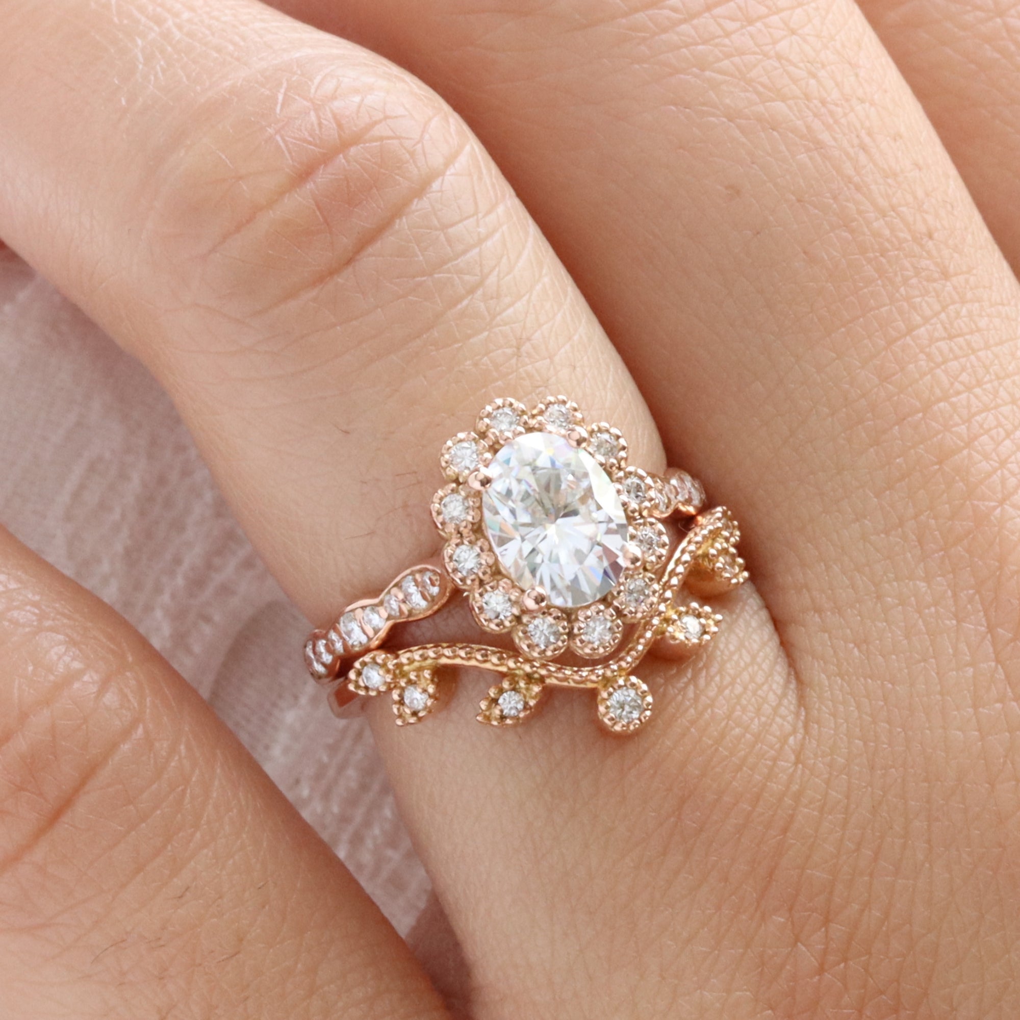 Vintage style oval moissanite ring bridal set rose gold curved leaf diamond wedding ring stack la more design jewelry