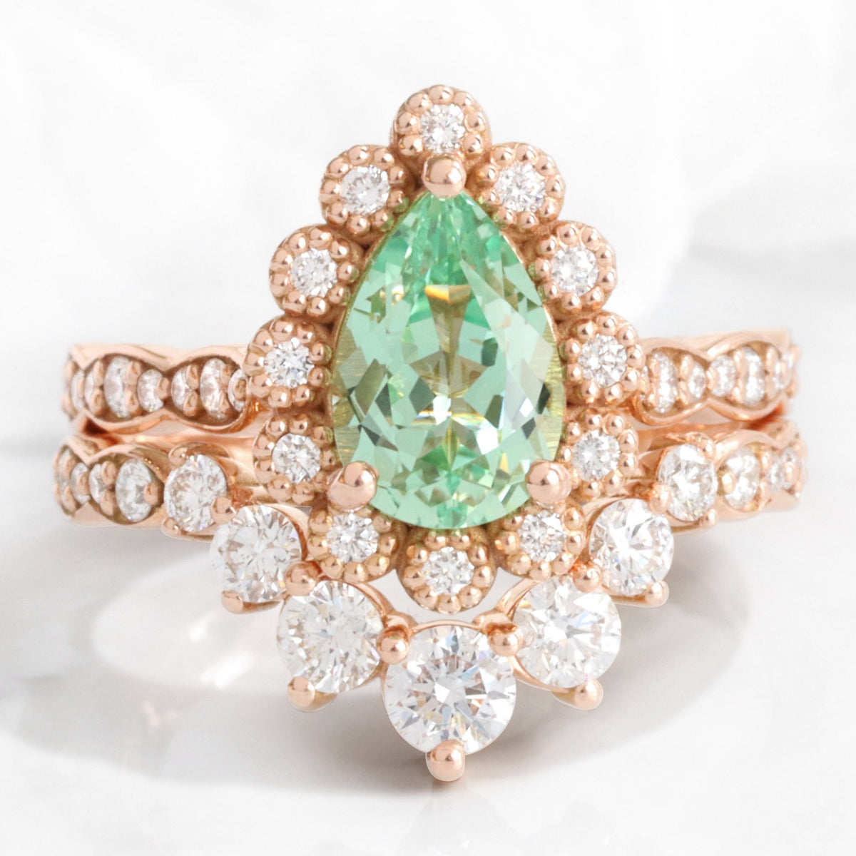 Vintage style pear green sapphire ring bridal set rose gold curved diamond wedding ring stack la more design jewelry