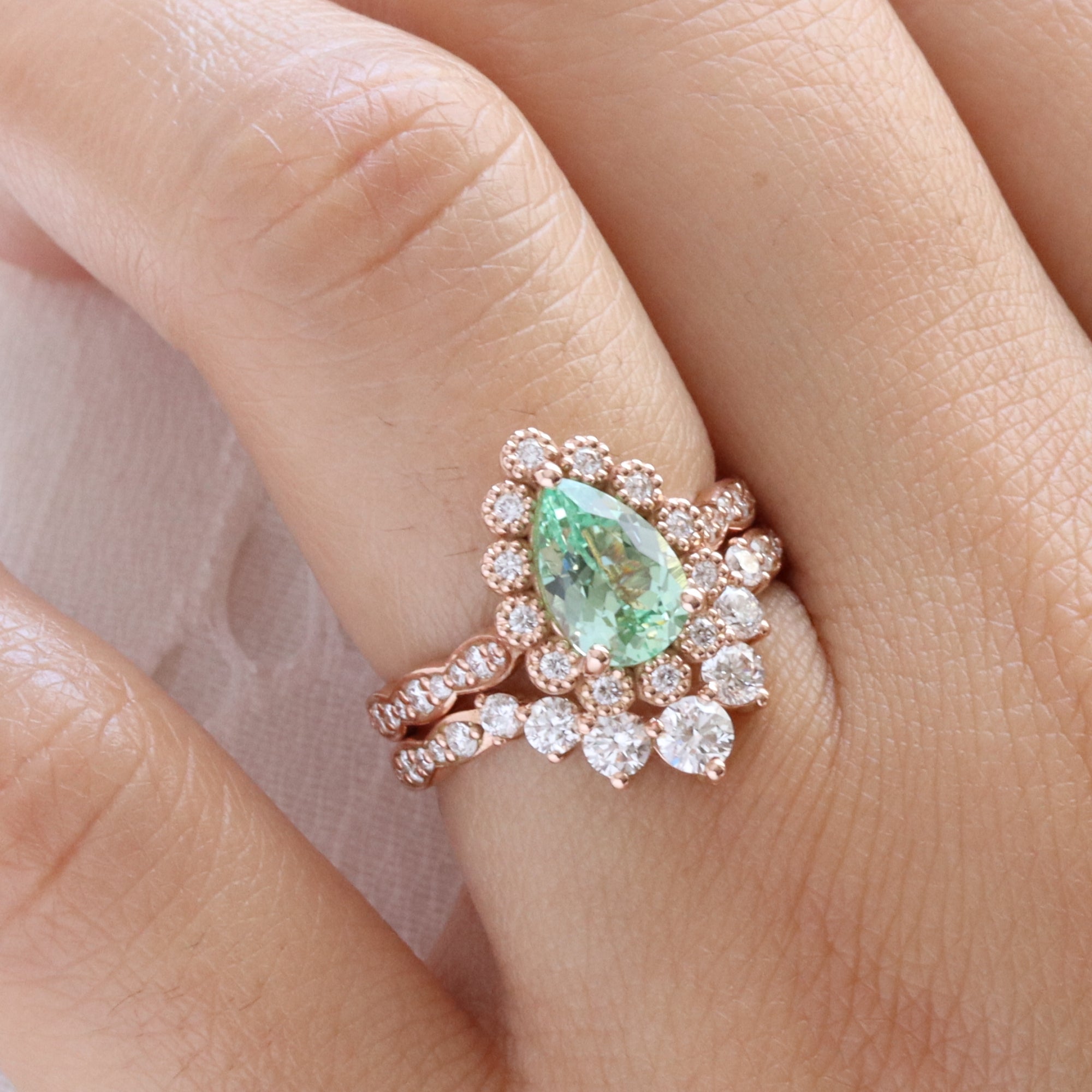 Vintage style pear green sapphire ring bridal set rose gold curved diamond wedding ring stack la more design jewelry