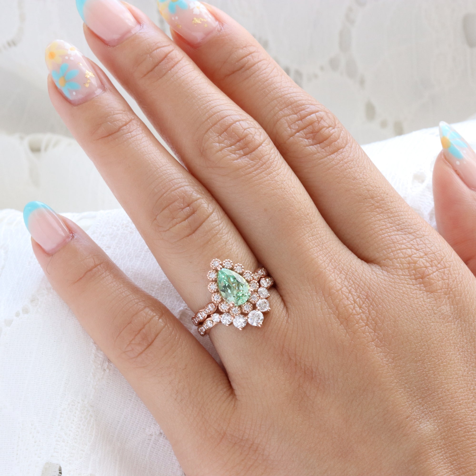 Vintage style pear green sapphire ring bridal set rose gold curved diamond wedding ring stack la more design jewelry