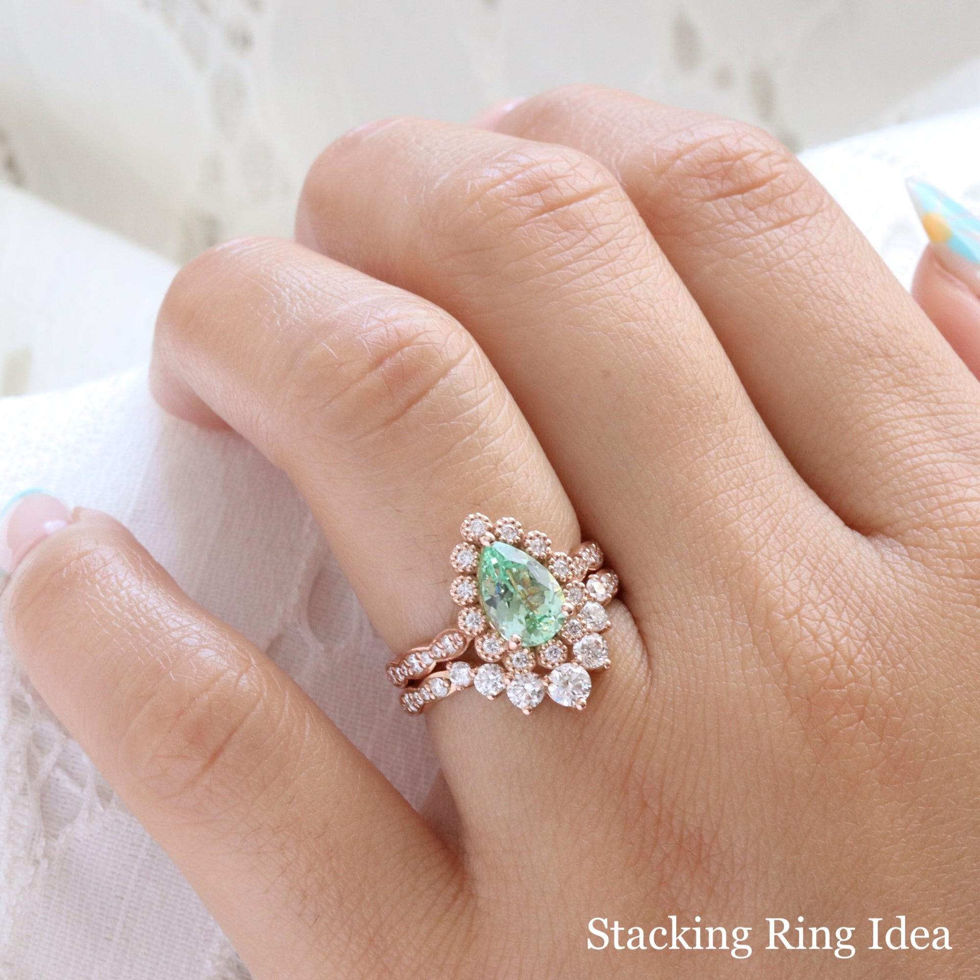 Pear seafoam green sapphire engagement ring rose gold vintage halo diamond sapphire ring la more design jewelry