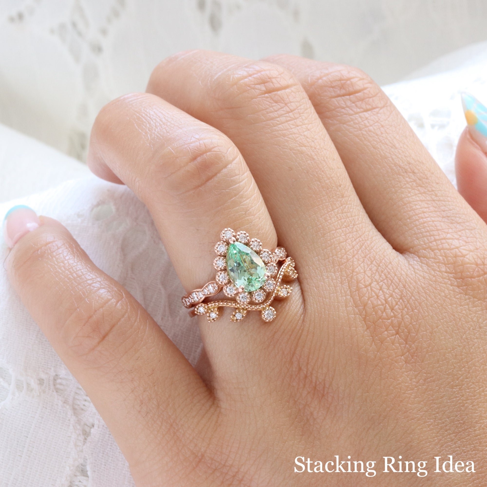 Pear seafoam green sapphire engagement ring rose gold vintage halo diamond sapphire ring la more design jewelry