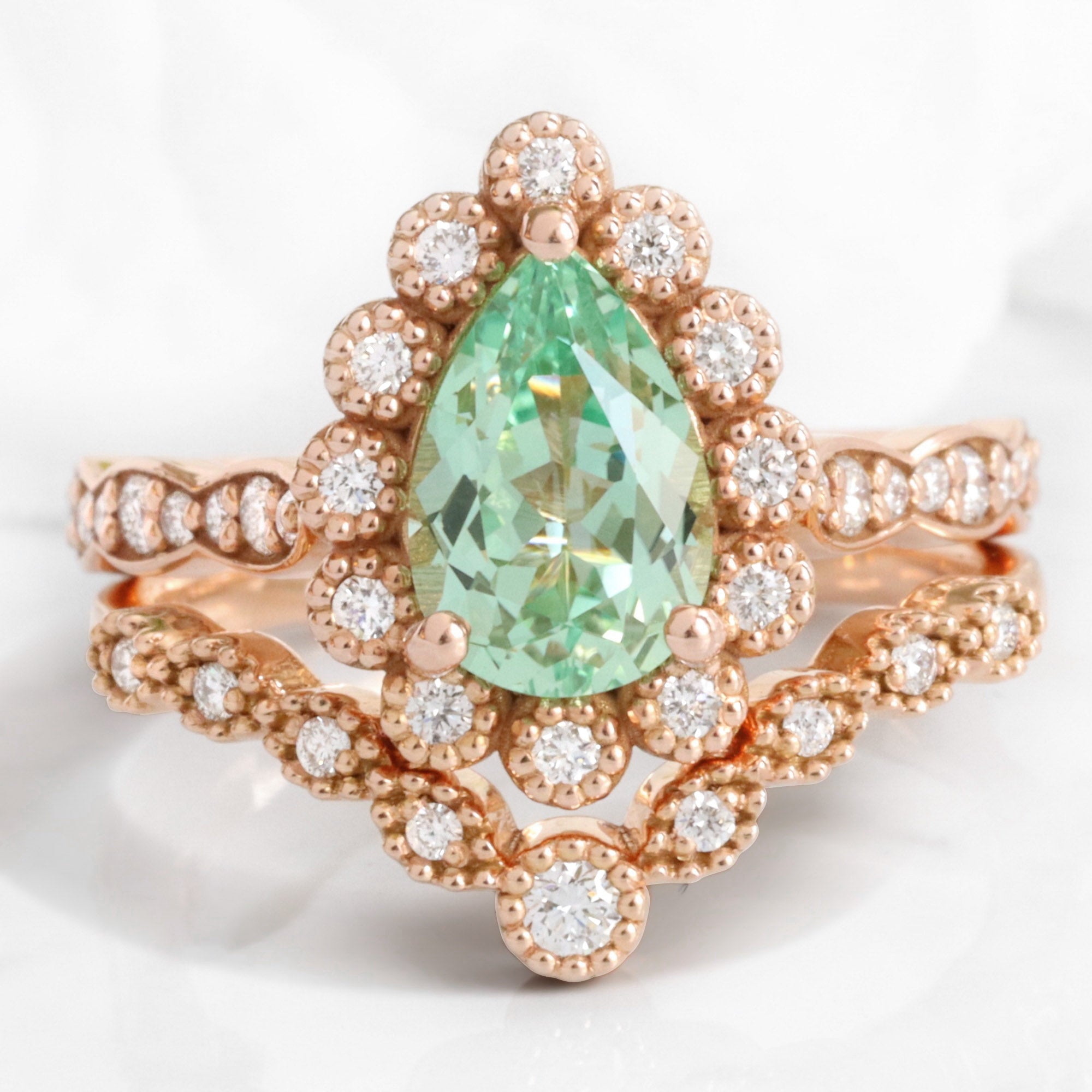 Vintage style pear green sapphire ring bridal set rose gold curved diamond wedding ring stack la more design jewelry