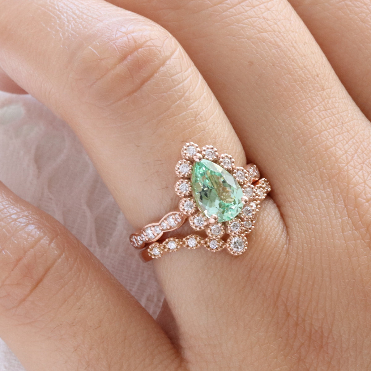 Vintage style pear green sapphire ring stack rose gold curved diamond wedding ring bridal set la more design jewelry