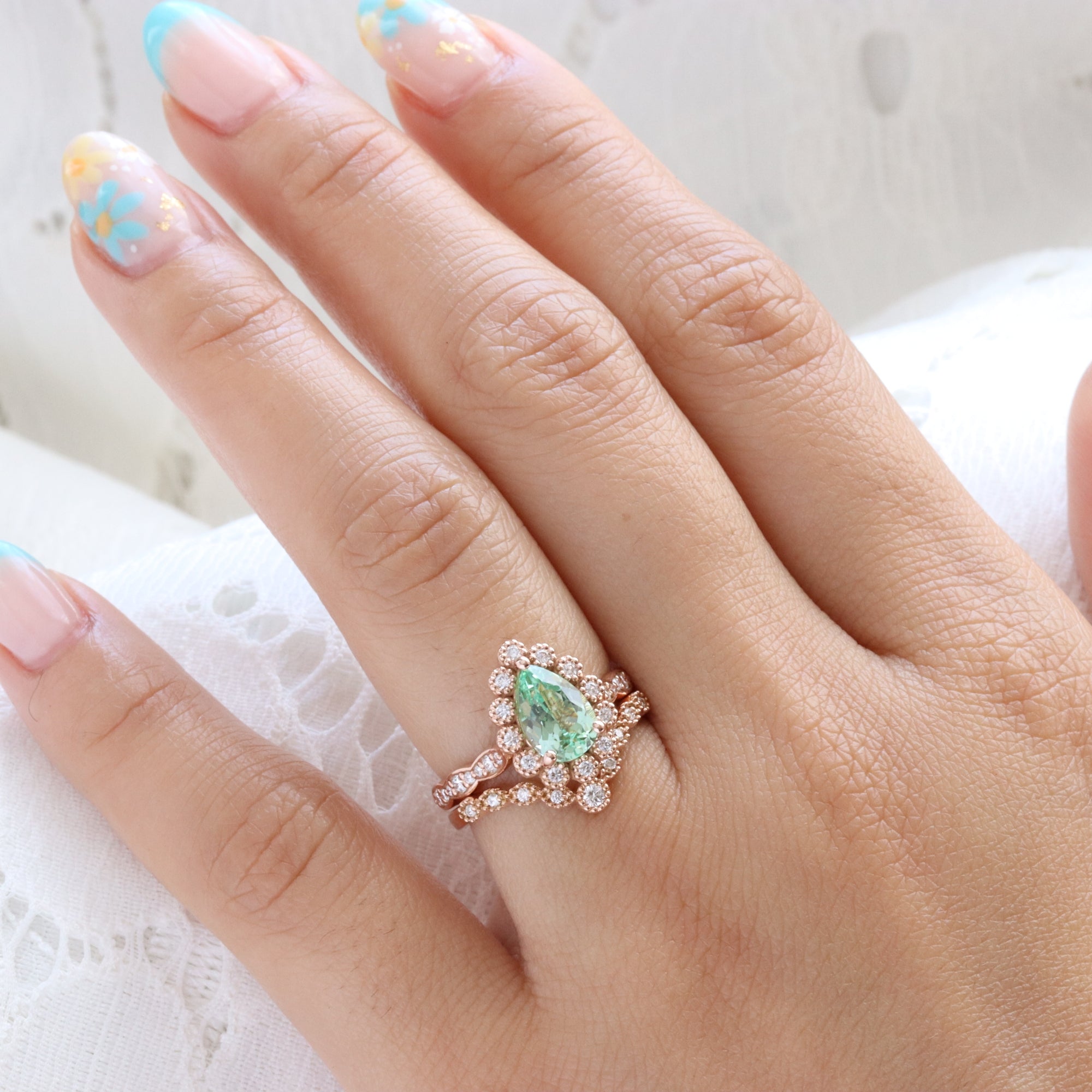 Vintage style pear green sapphire ring stack rose gold curved diamond wedding ring bridal set la more design jewelry