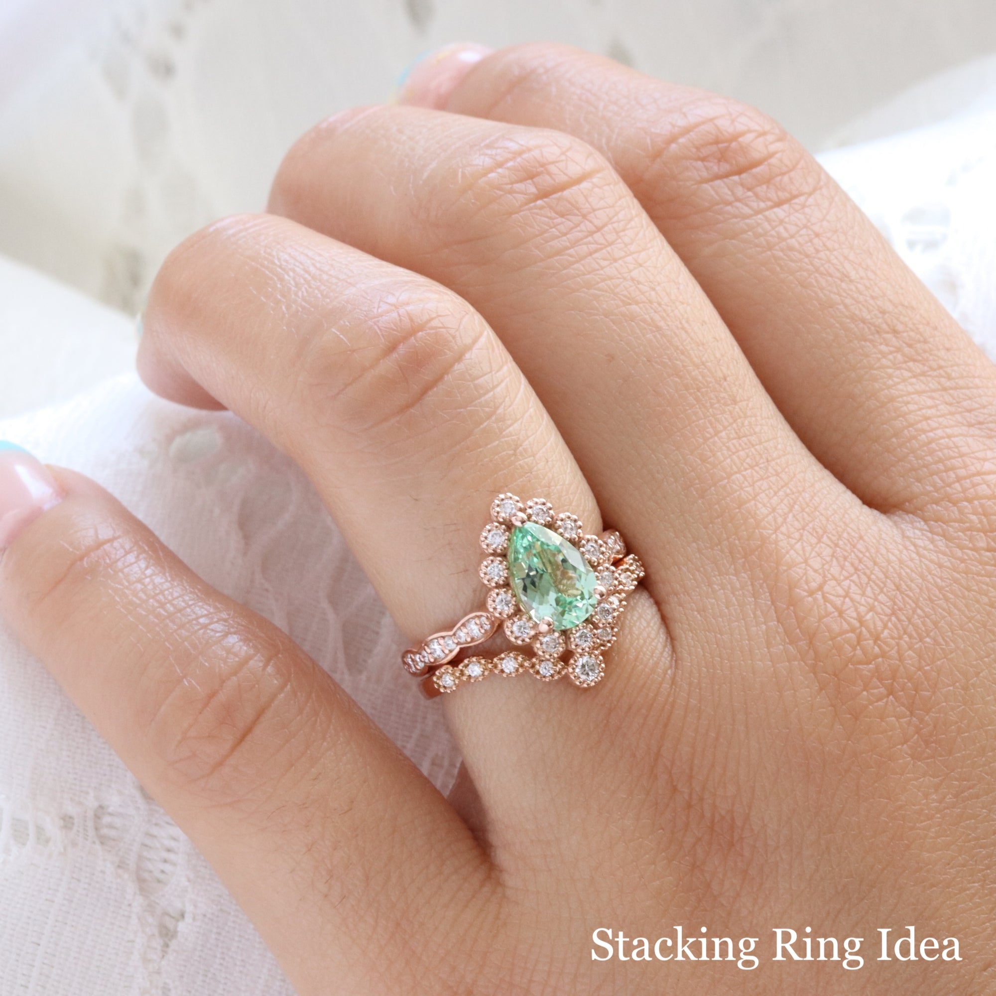 Pear seafoam green sapphire engagement ring rose gold vintage halo diamond sapphire ring la more design jewelry