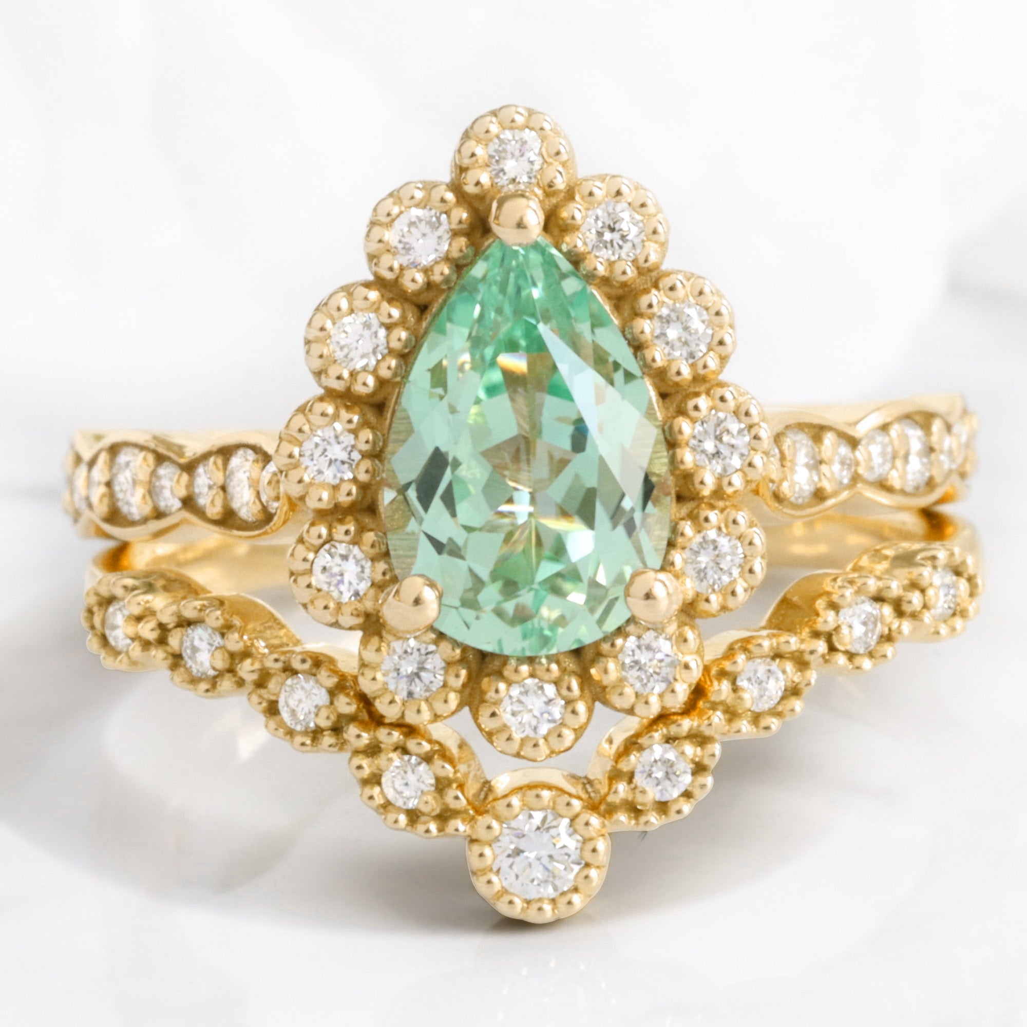 Vintage style pear green sapphire ring stack yellow gold curved diamond wedding ring bridal set la more design jewelry