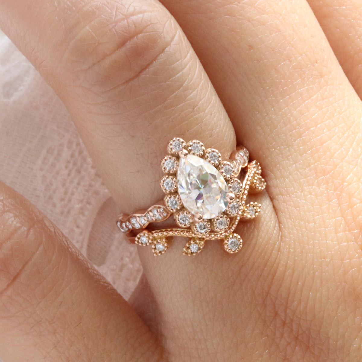 Vintage style pear moissanite ring bridal set rose gold curved leaf diamond wedding ring stack la more design jewelry