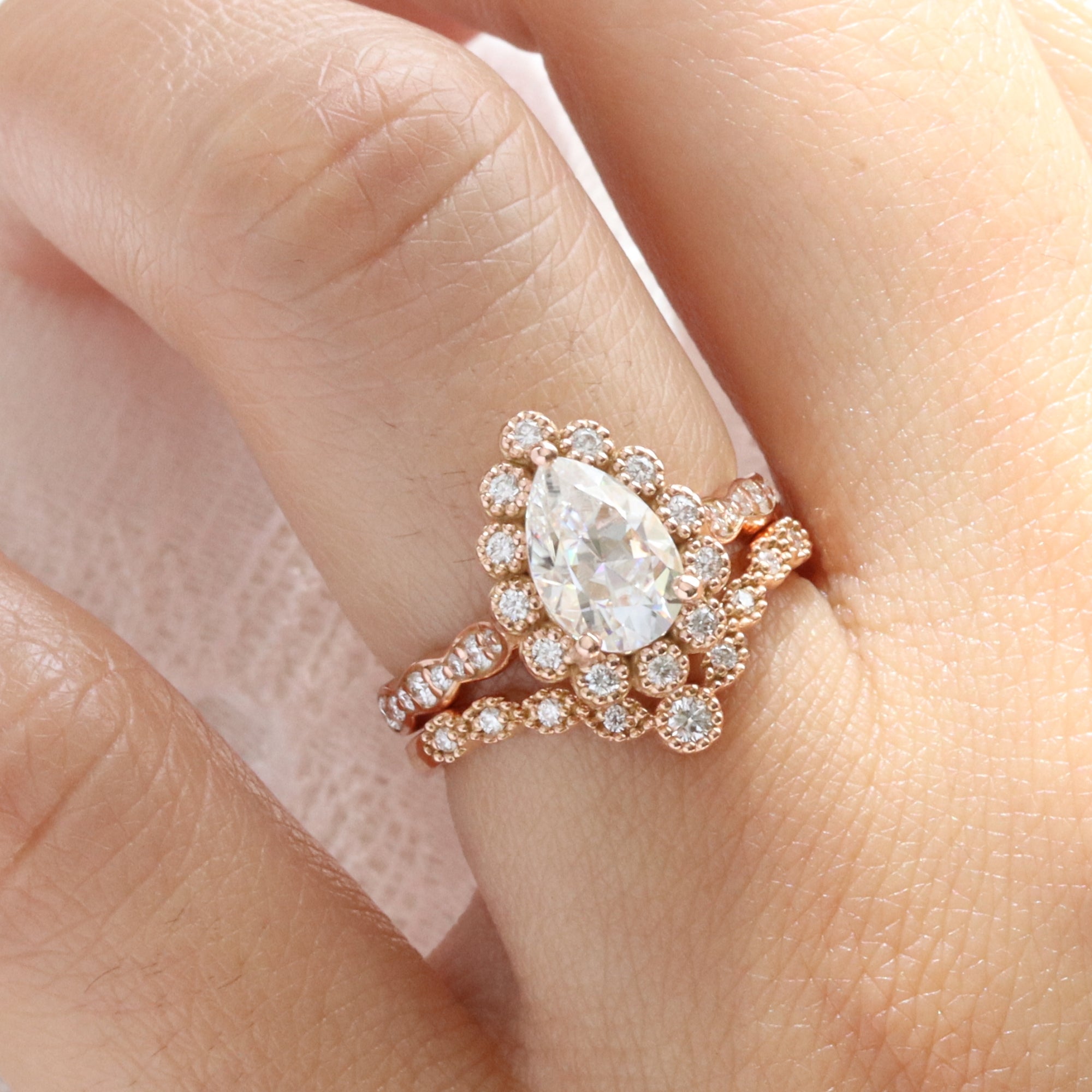 Vintage style pear moissanite ring stack rose gold curved diamond wedding ring bridal set la more design jewelry