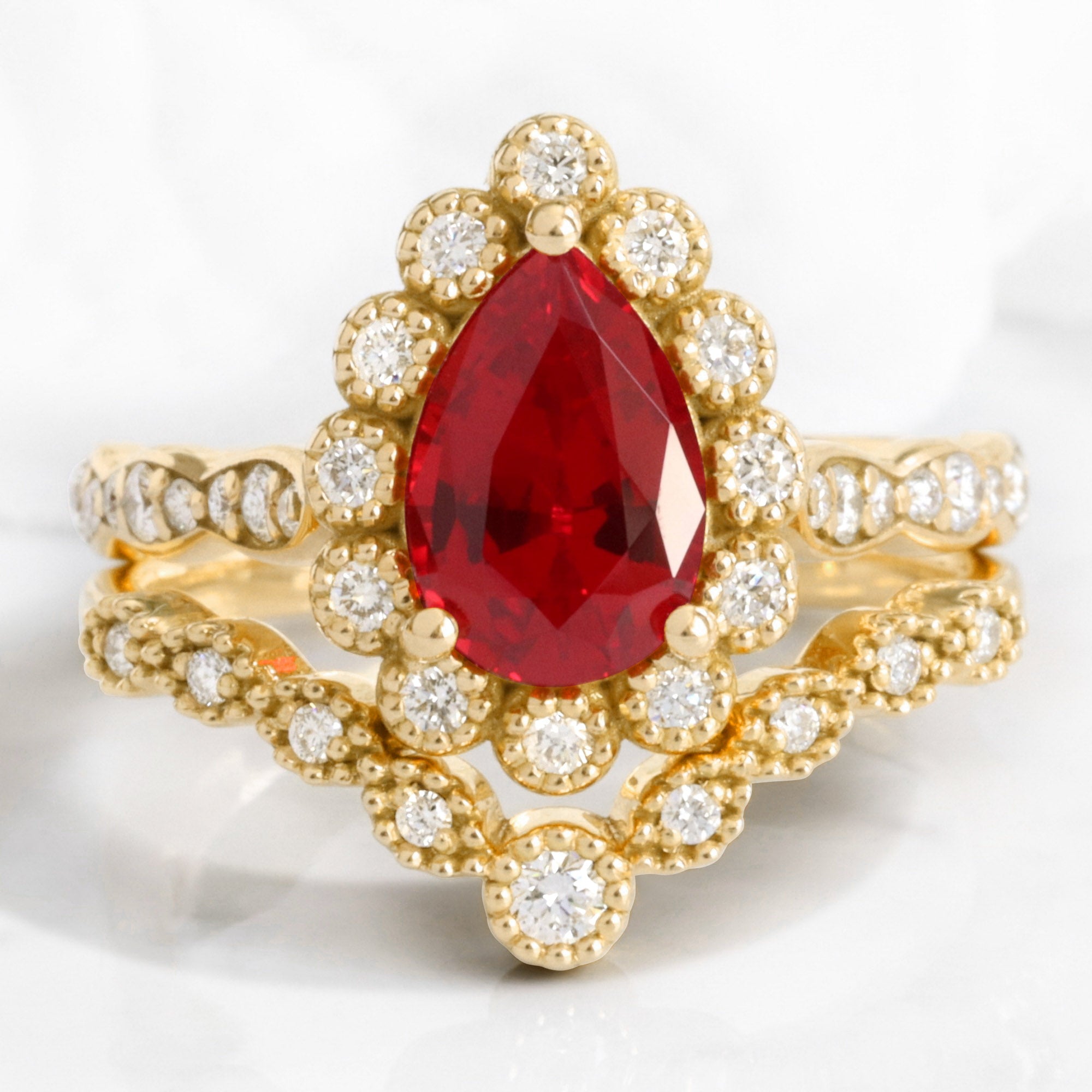 Vintage style pear ruby ring stack yellow gold curved diamond wedding ring bridal set la more design jewelry